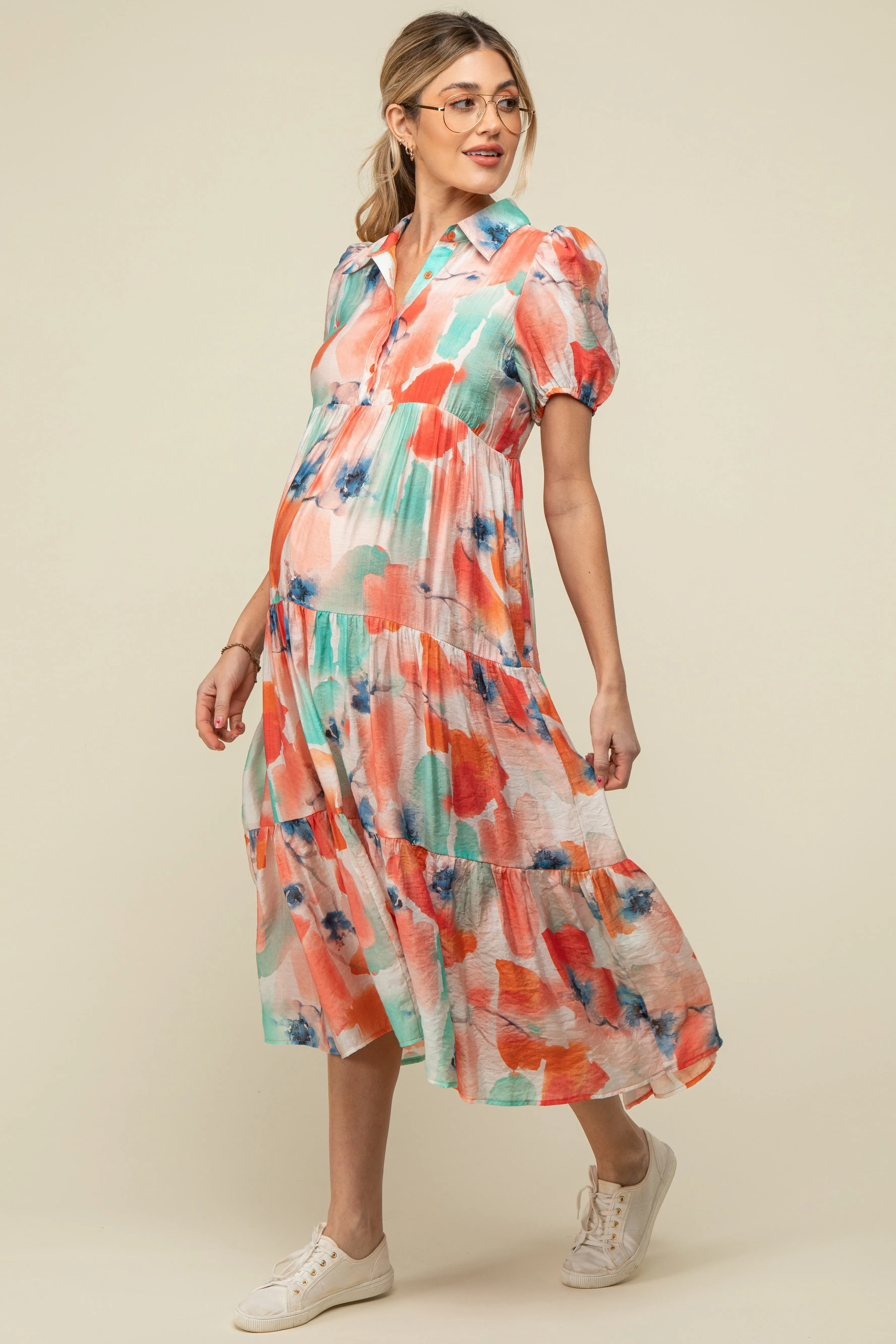 Aqua Floral Button Front Short Sleeve Tiered Maternity Midi Dress sold by Pinkblush