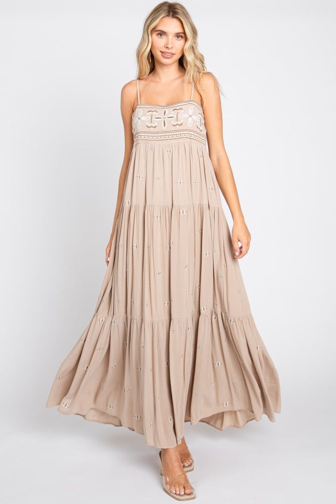 Light Mocha Floral Embroidered Tiered Maxi Dress sold by Pinkblush