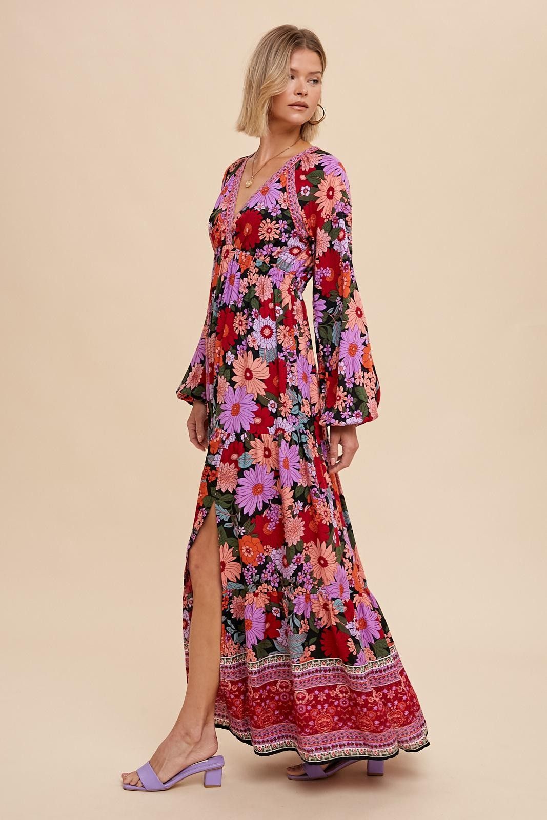 Black Floral Long Sleeve Tiered Maxi Dress sold by Pinkblush product image thumbnail 3