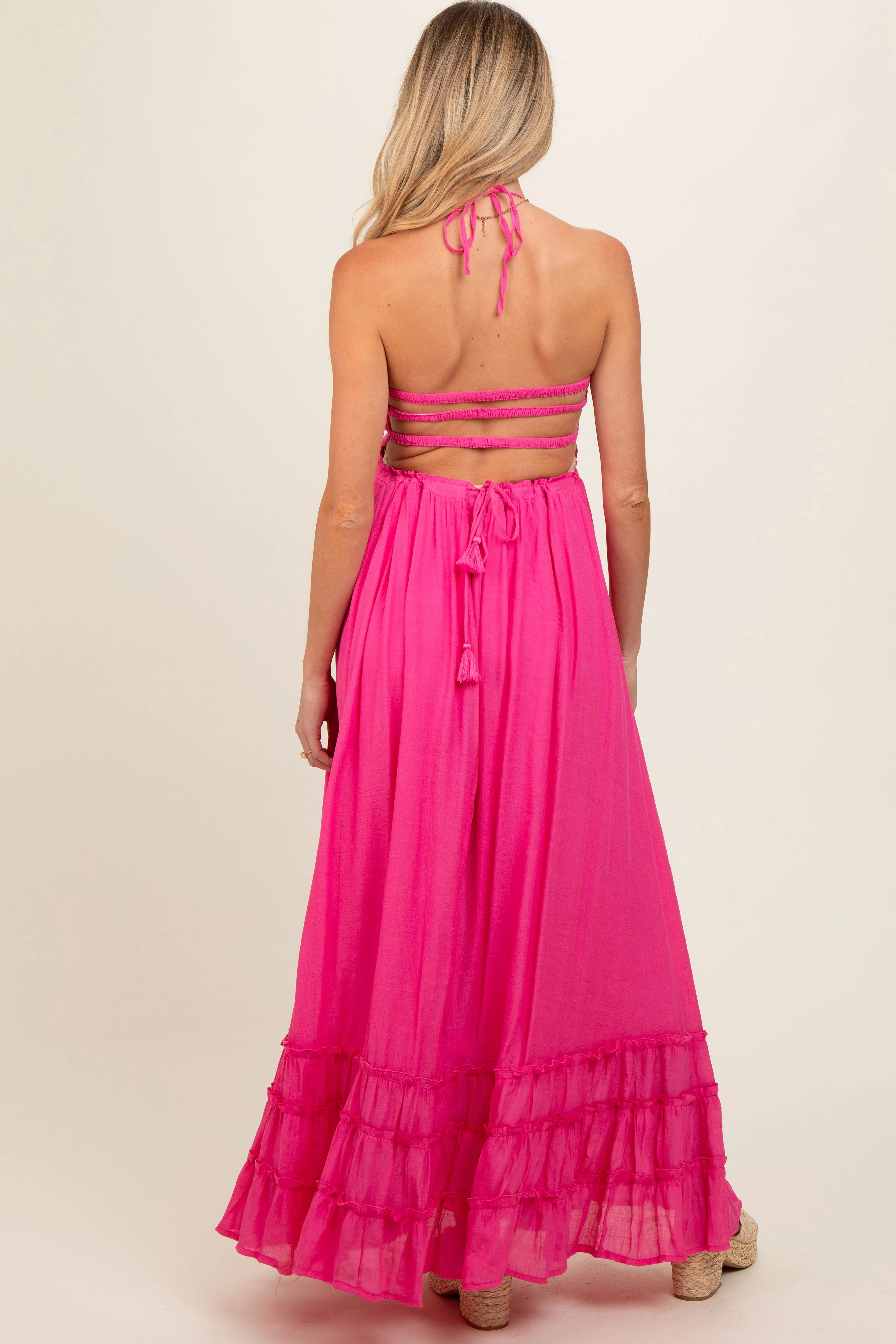 Pink Smocked Halter Cutout Maternity Maxi Dress sold by Pinkblush product image thumbnail 3