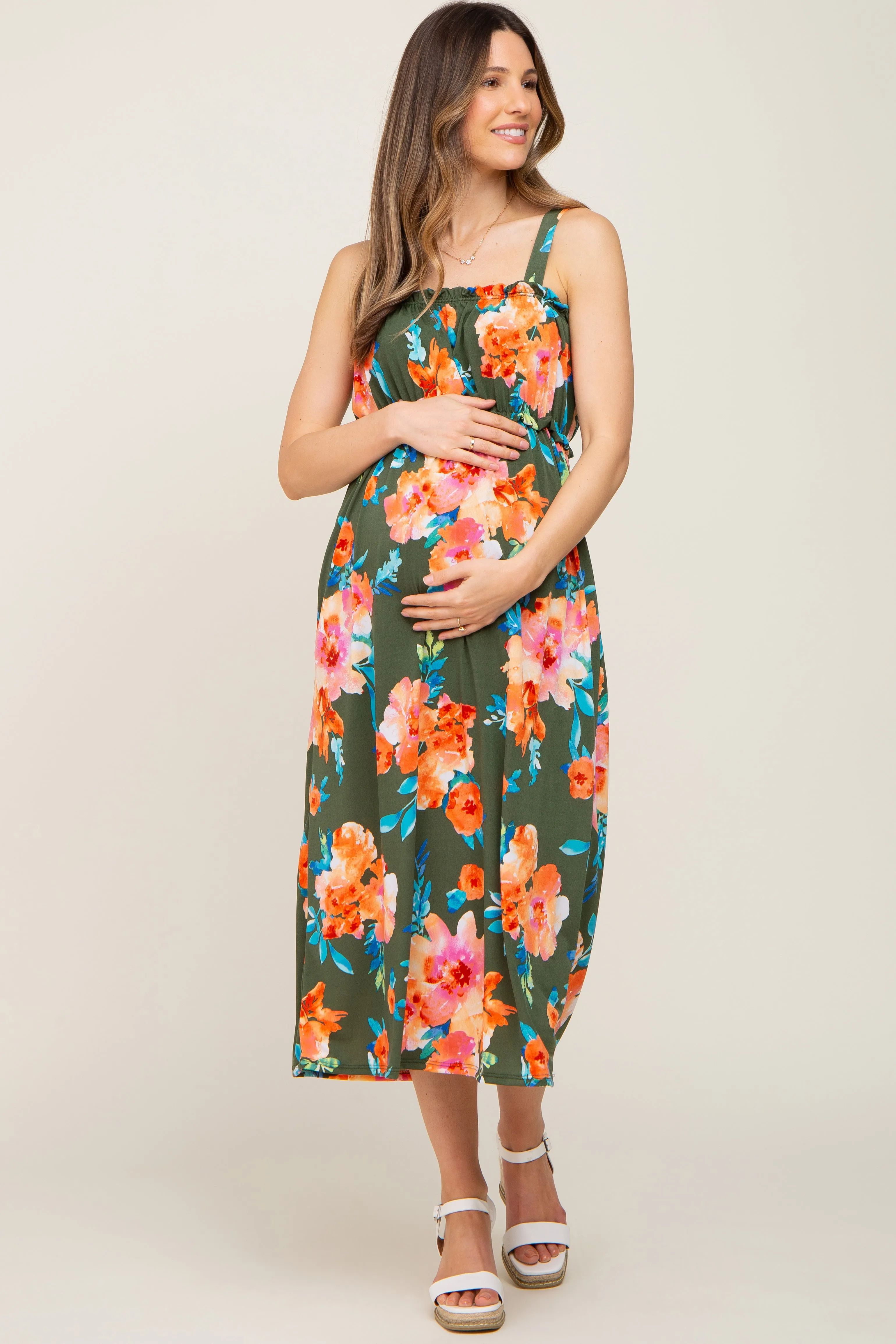 Olive Floral Square Neck Ruffle Maternity Midi Dress sold by Pinkblush product image thumbnail 4