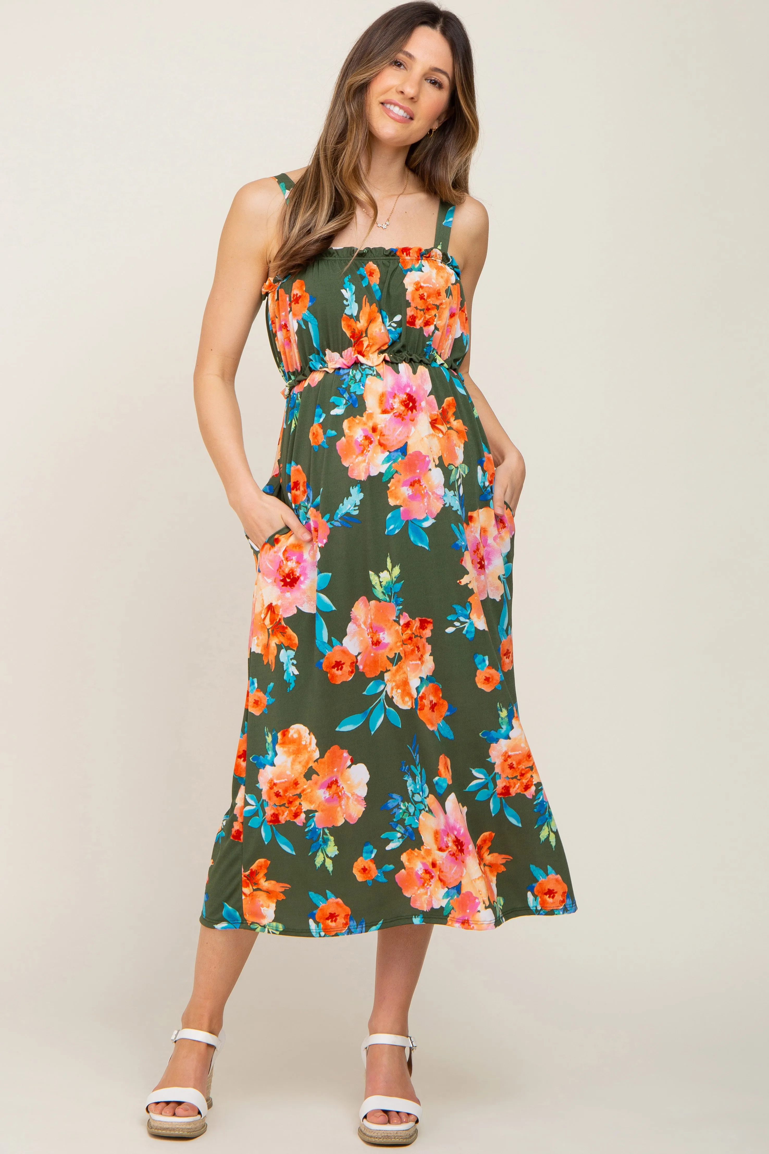Olive Floral Square Neck Ruffle Maternity Midi Dress sold by Pinkblush