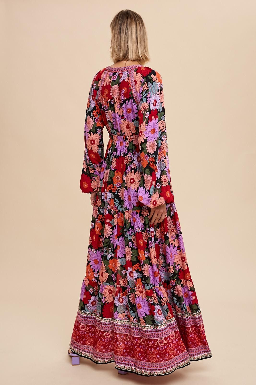 Black Floral Long Sleeve Tiered Maxi Dress sold by Pinkblush product image thumbnail 4