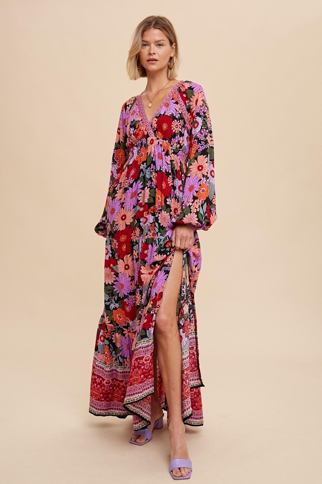 Black Floral Long Sleeve Tiered Maxi Dress sold by Pinkblush