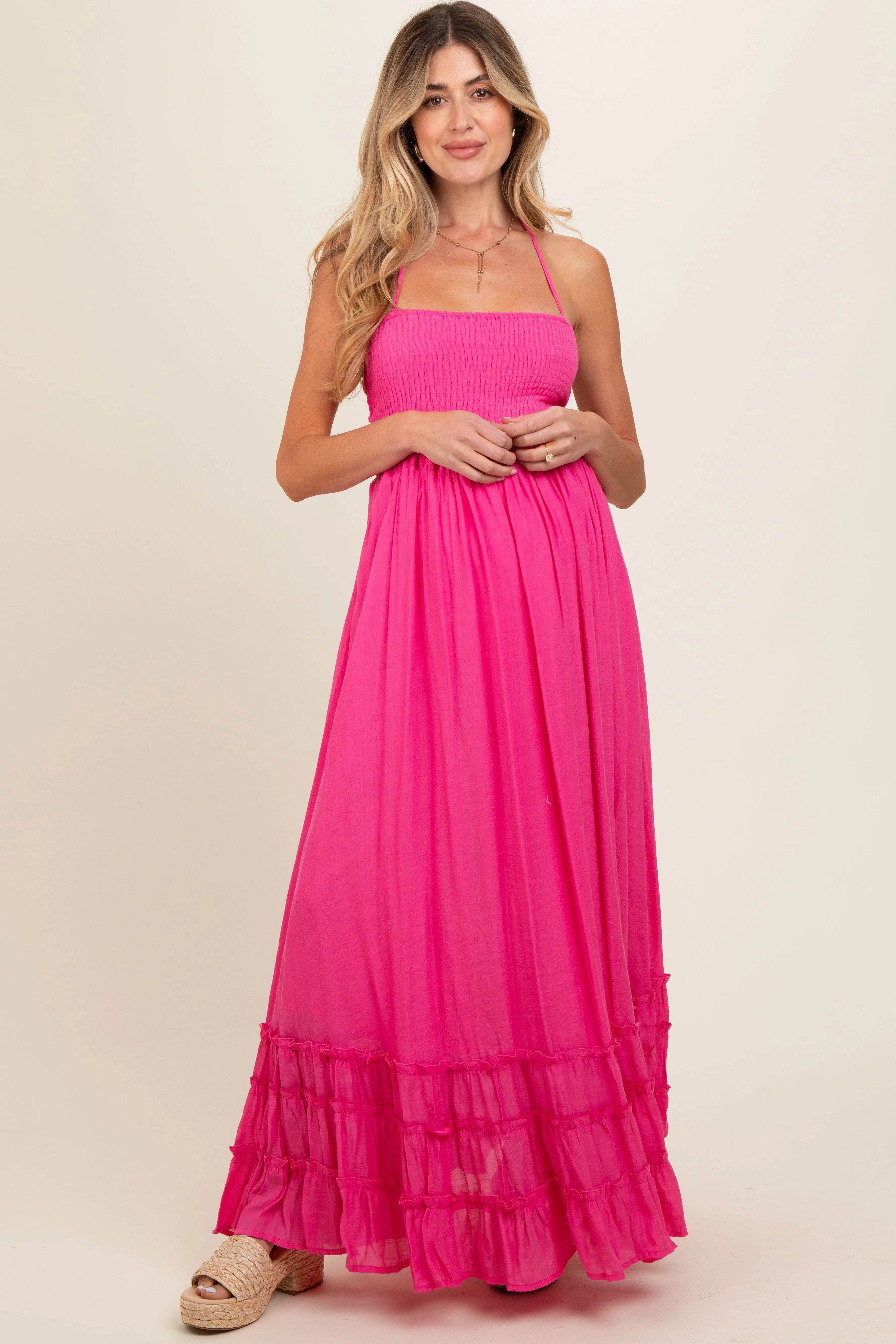 Pink Smocked Halter Cutout Maternity Maxi Dress sold by Pinkblush