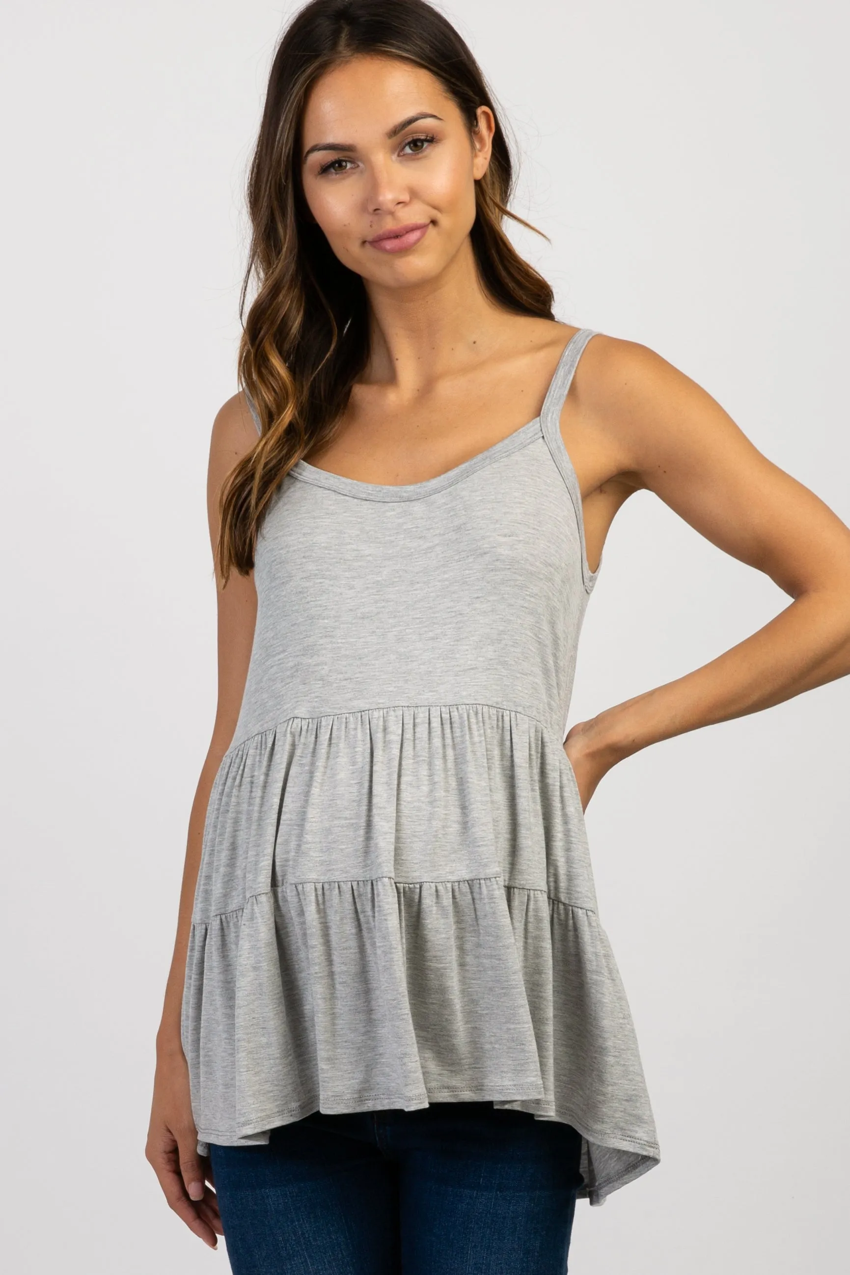 Heather Grey Solid Ruffle Peplum Maternity Top sold by Pinkblush