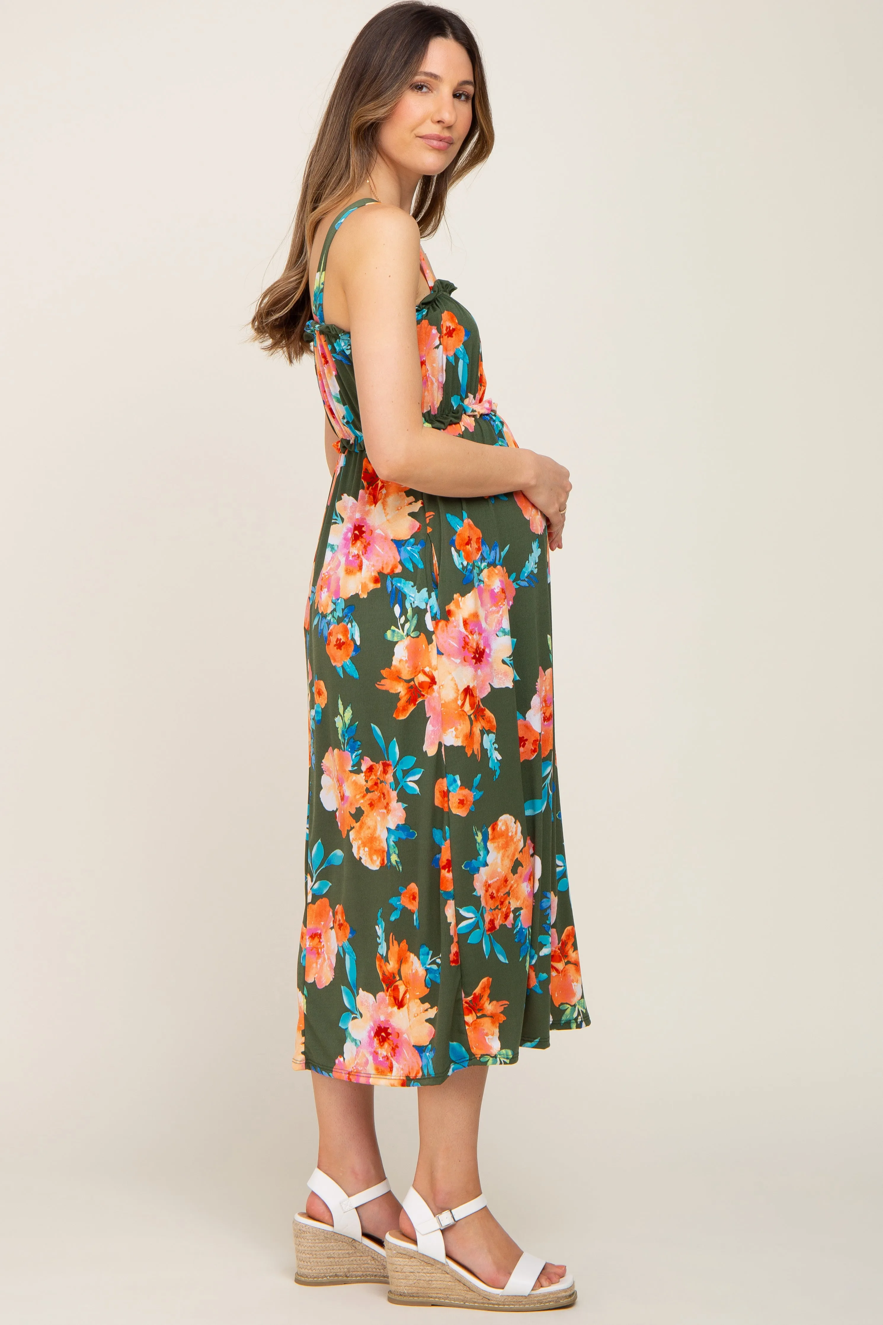 Olive Floral Square Neck Ruffle Maternity Midi Dress sold by Pinkblush product image thumbnail 2