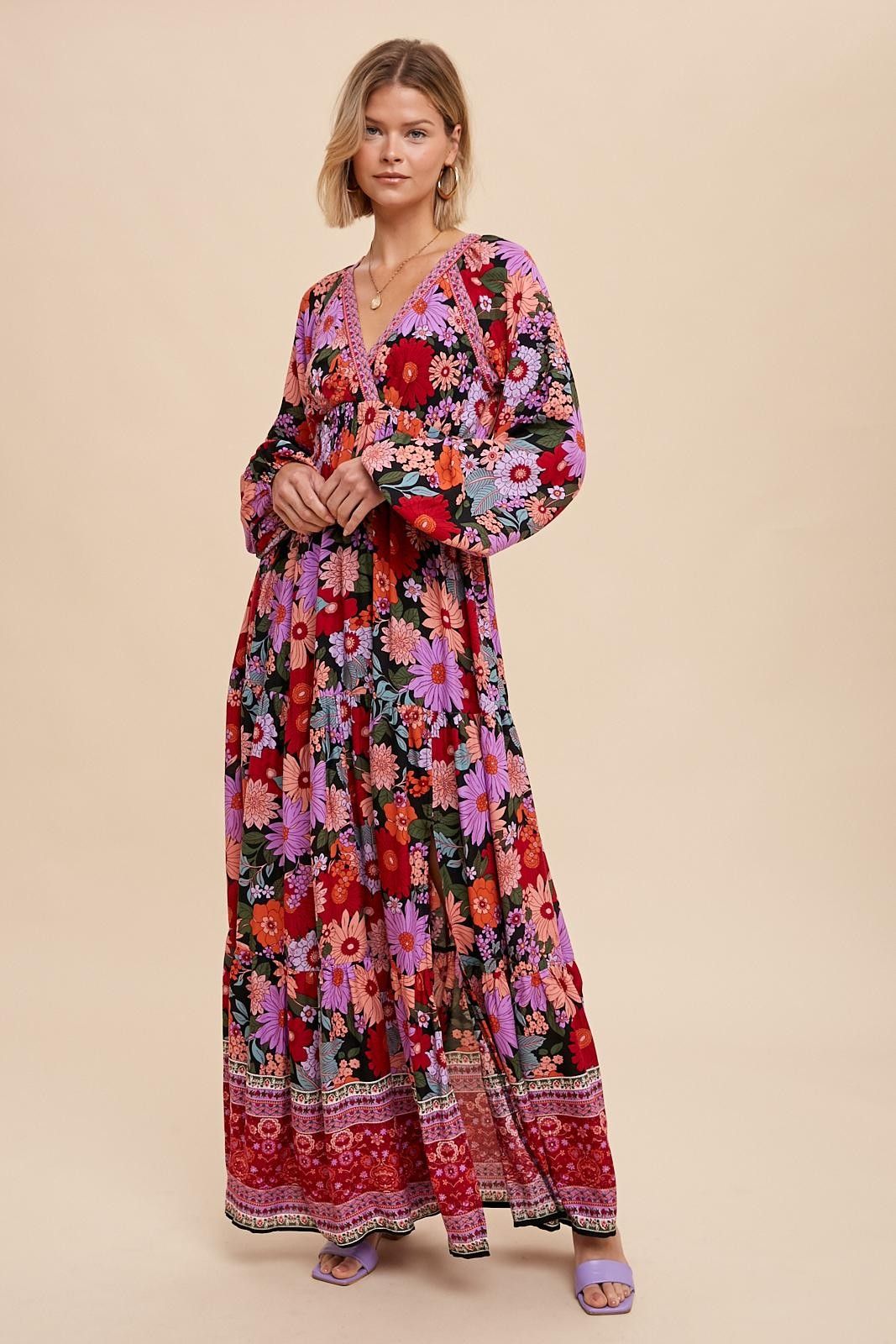 Black Floral Long Sleeve Tiered Maxi Dress sold by Pinkblush product image thumbnail 2