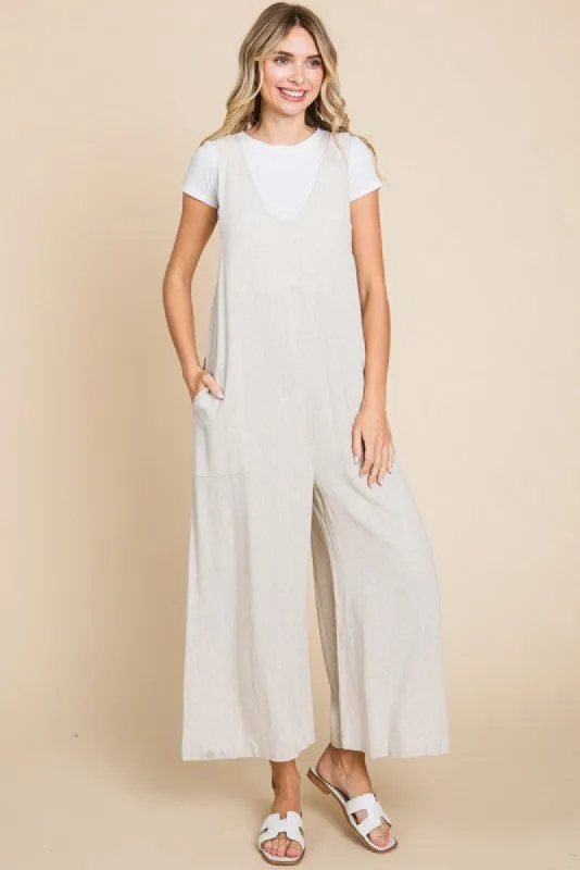 Beige V-Neck Wide Leg Jumpsuit sold by Pinkblush