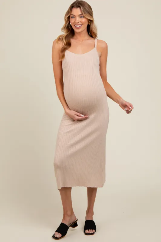 Beige Square Neck Ribbed Sleeveless Maternity Midi Dress sold by Pinkblush