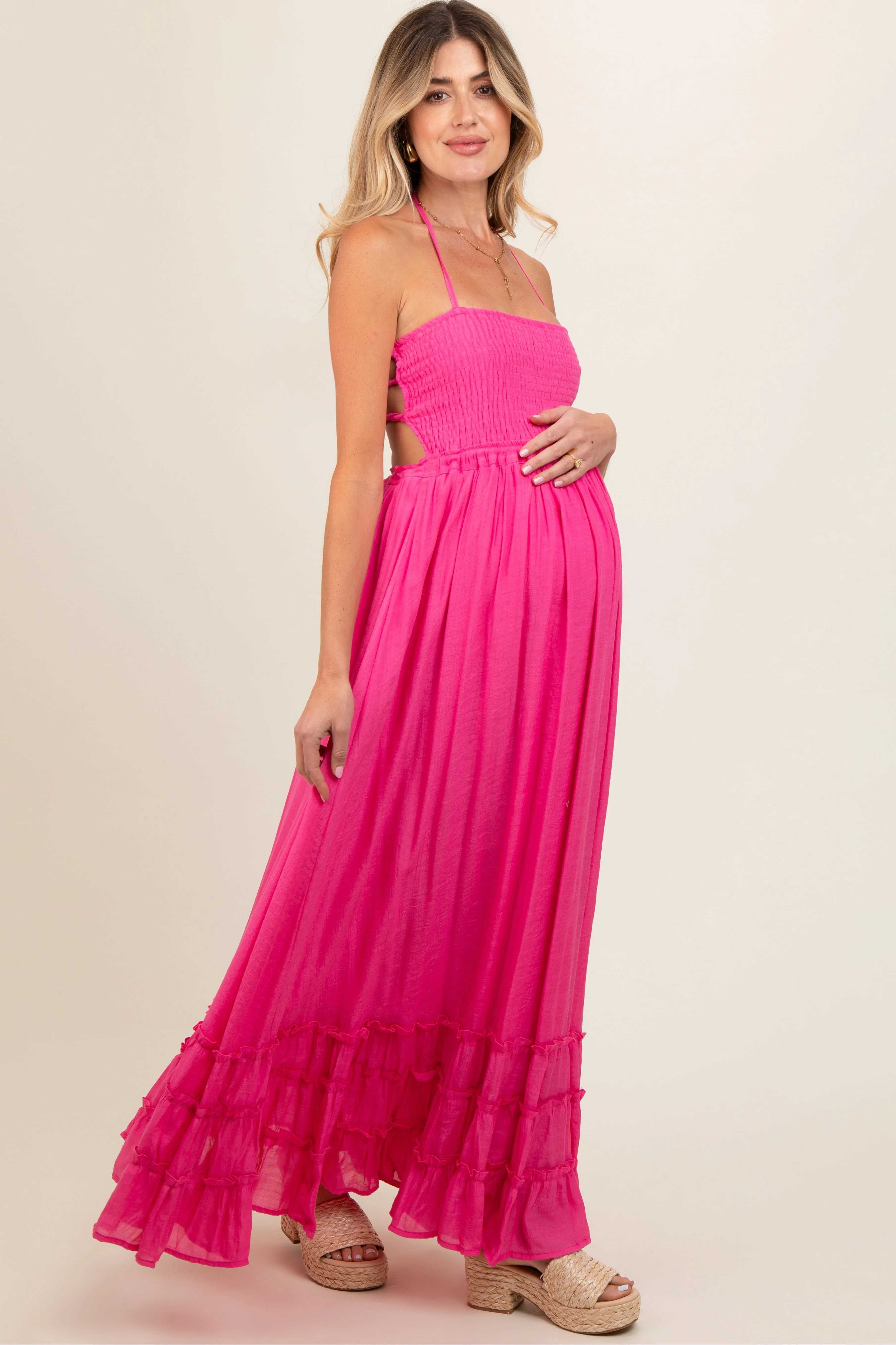 Pink Smocked Halter Cutout Maternity Maxi Dress sold by Pinkblush product image thumbnail 2