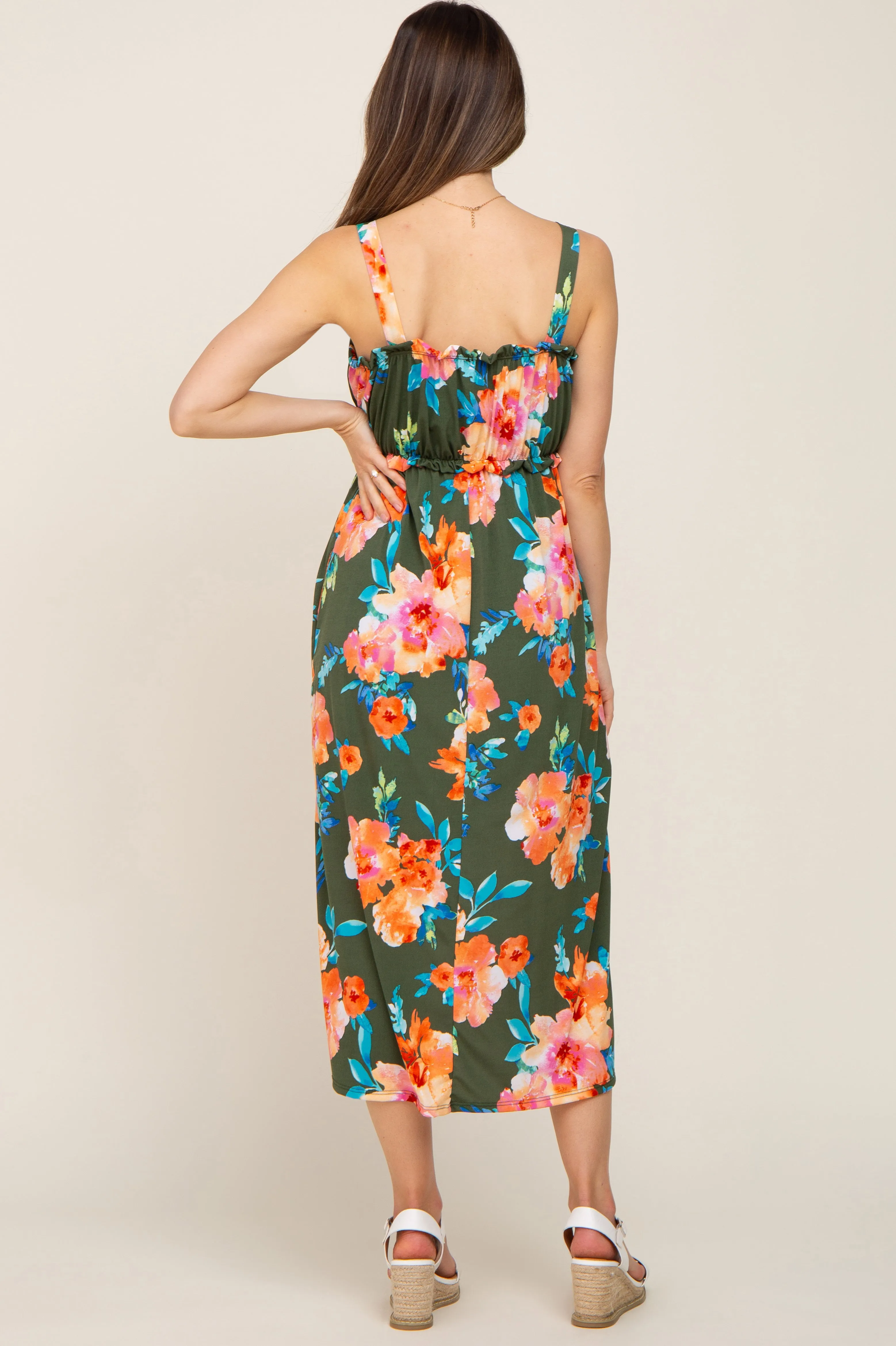 Olive Floral Square Neck Ruffle Maternity Midi Dress sold by Pinkblush product image thumbnail 3