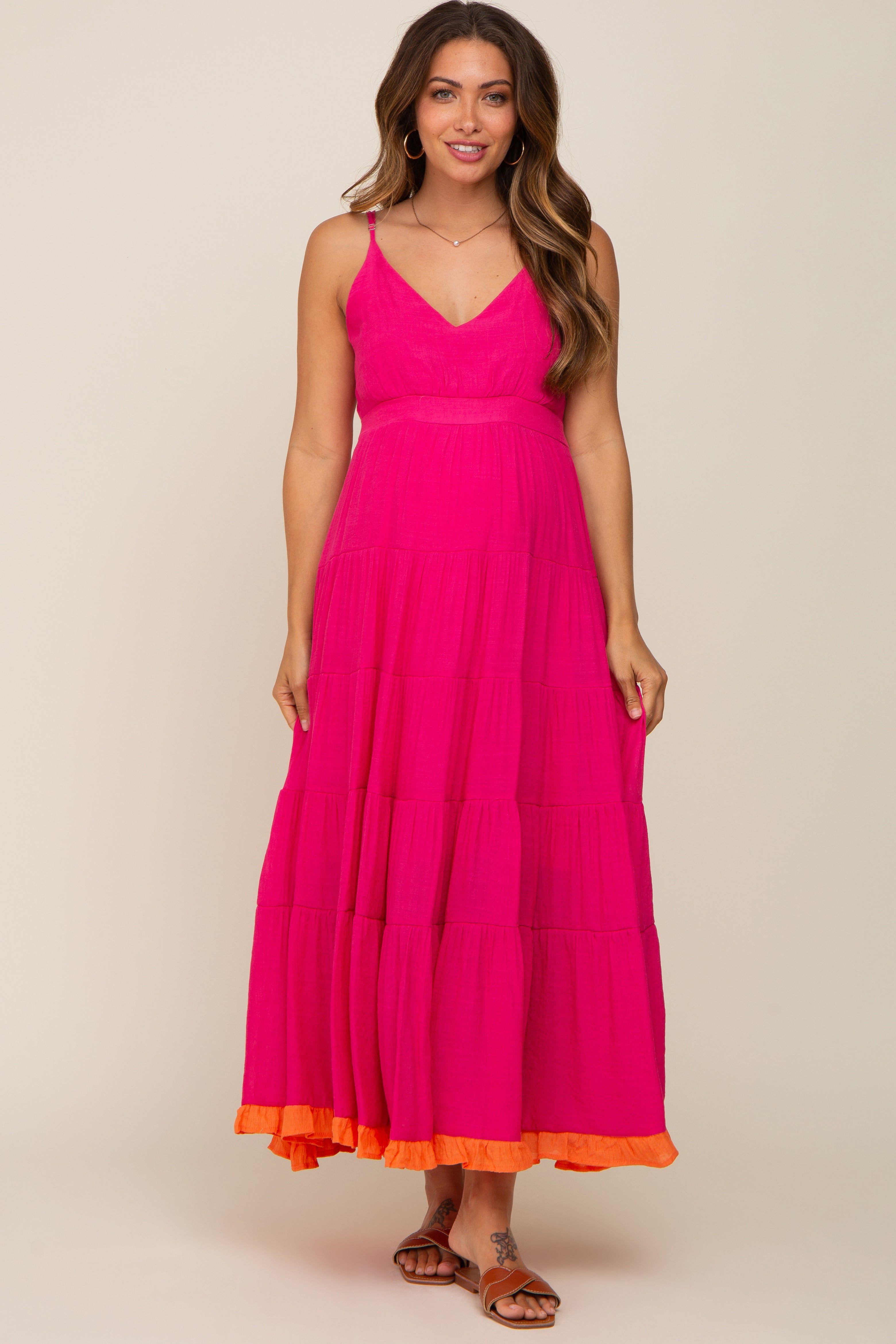 Fuchsia V-Neck Colorblocked Tiered Maternity Maxi Dress sold by Pinkblush product image thumbnail 5