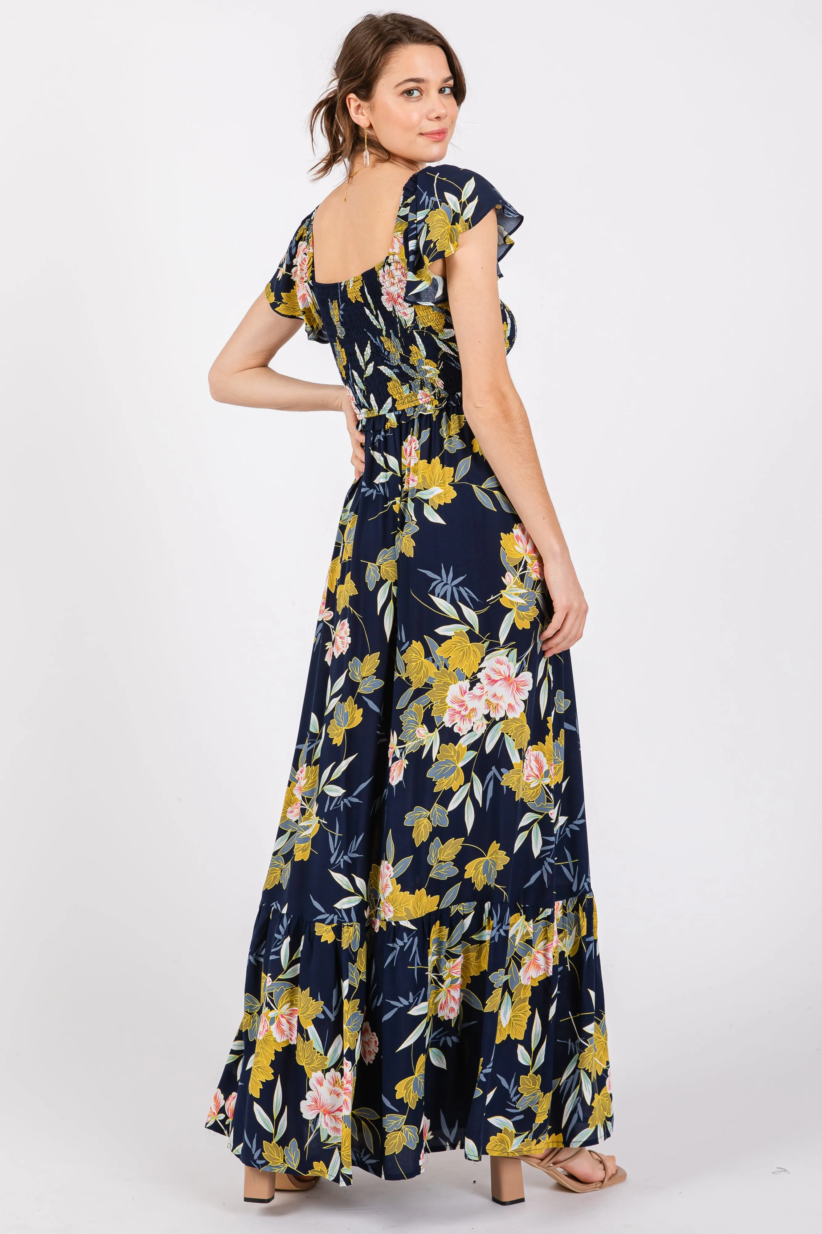 Navy Floral Smocked Cinched Top Maxi Dress sold by Pinkblush product image thumbnail 3