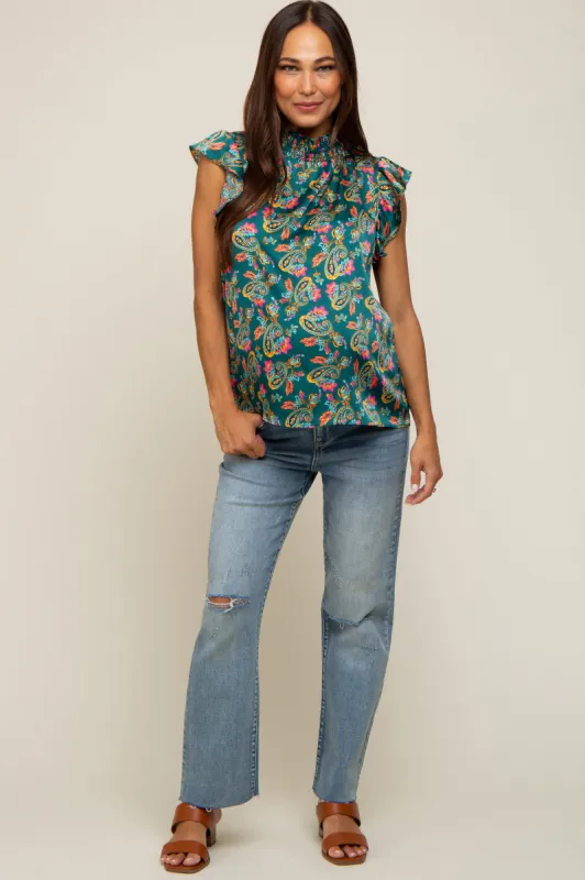 Forest Green Paisley Satin Smocked Neck Maternity Blouse sold by Pinkblush