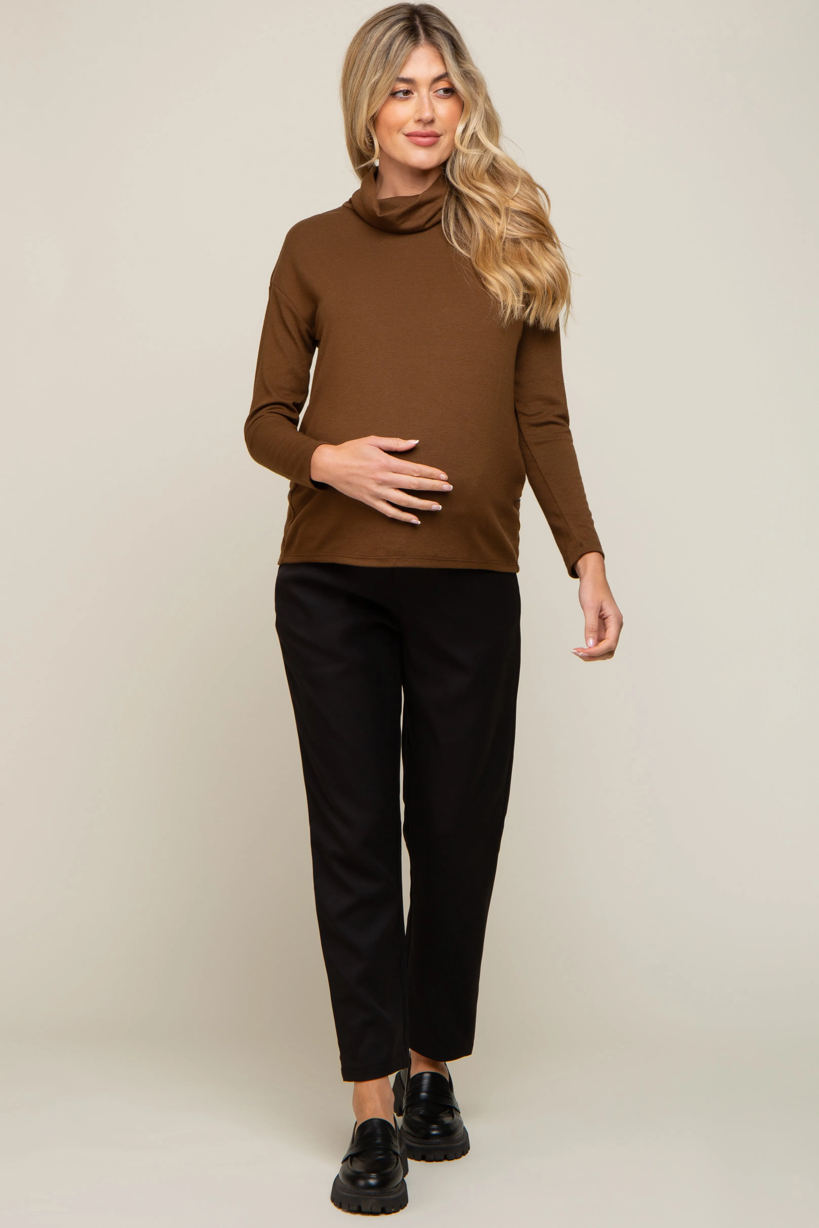 Brown Turtleneck Long Sleeve Maternity Top sold by Pinkblush
