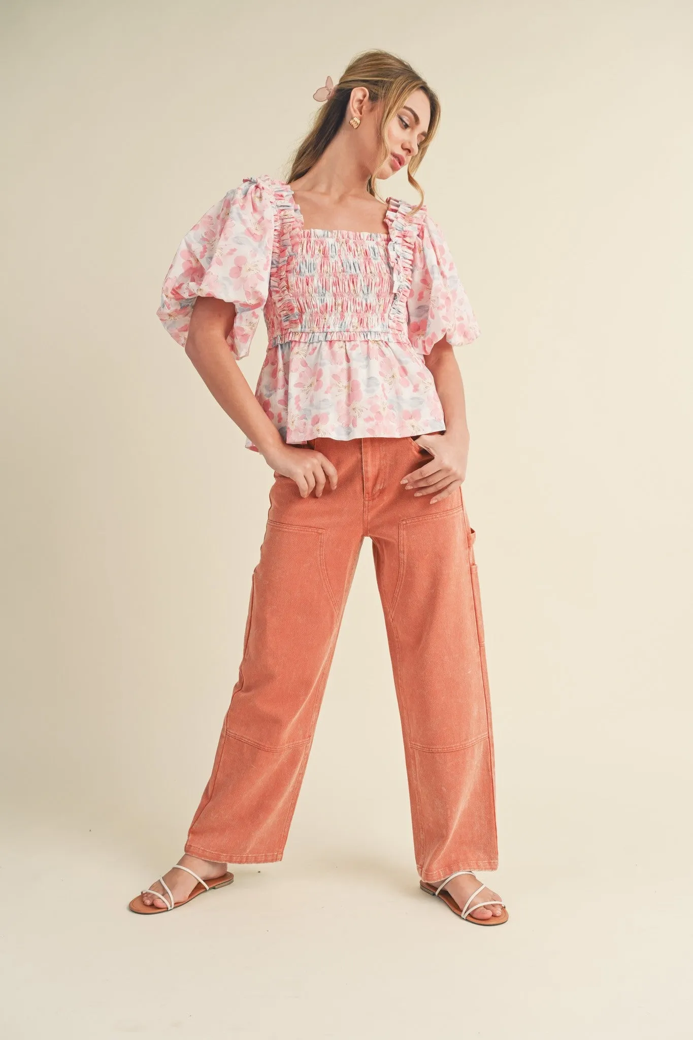 Pink Multi Floral Ruffle Trim Smocked Puff Sleeve Top sold by Pinkblush product image thumbnail 4