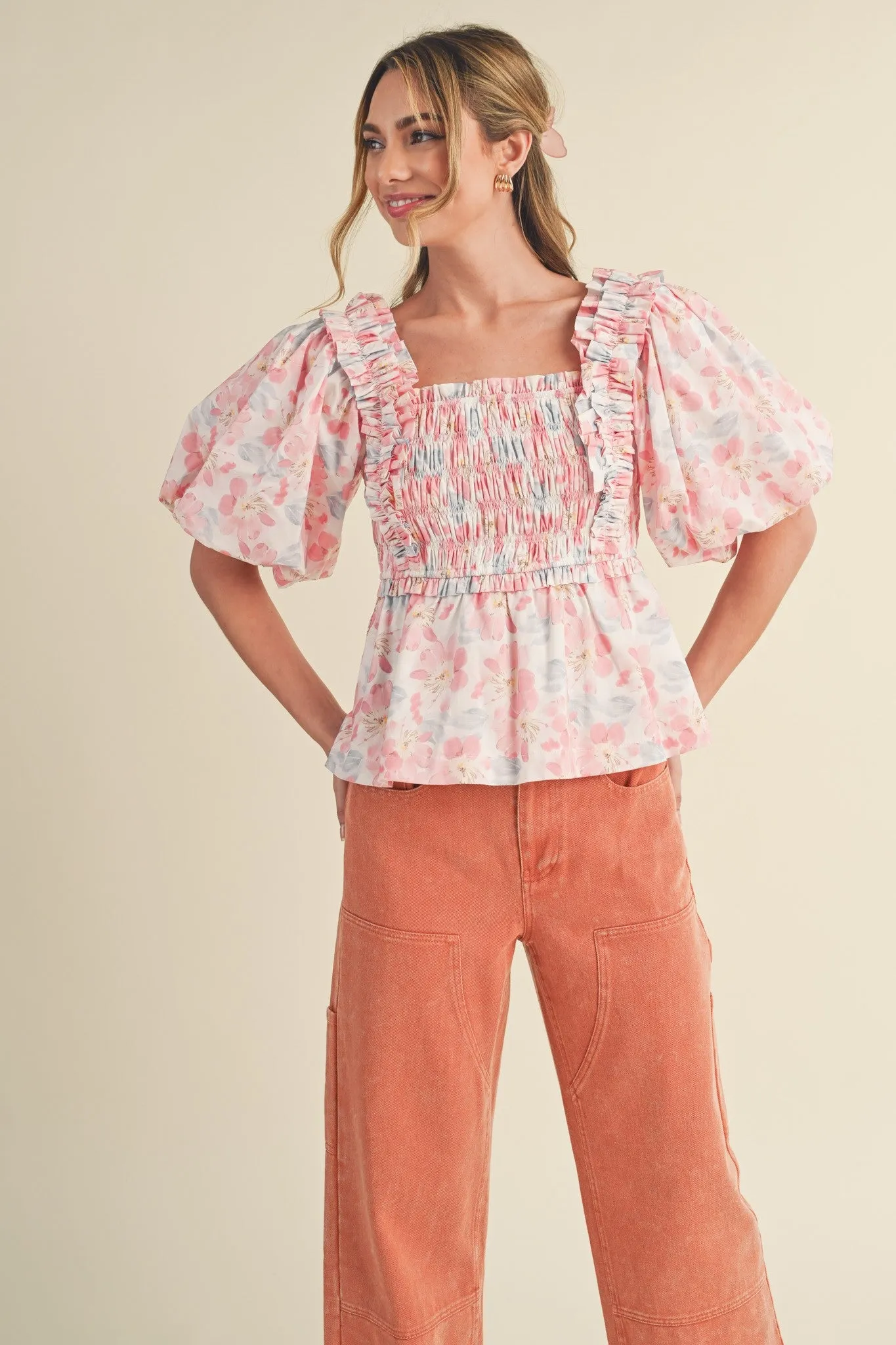 Pink Multi Floral Ruffle Trim Smocked Puff Sleeve Top sold by Pinkblush