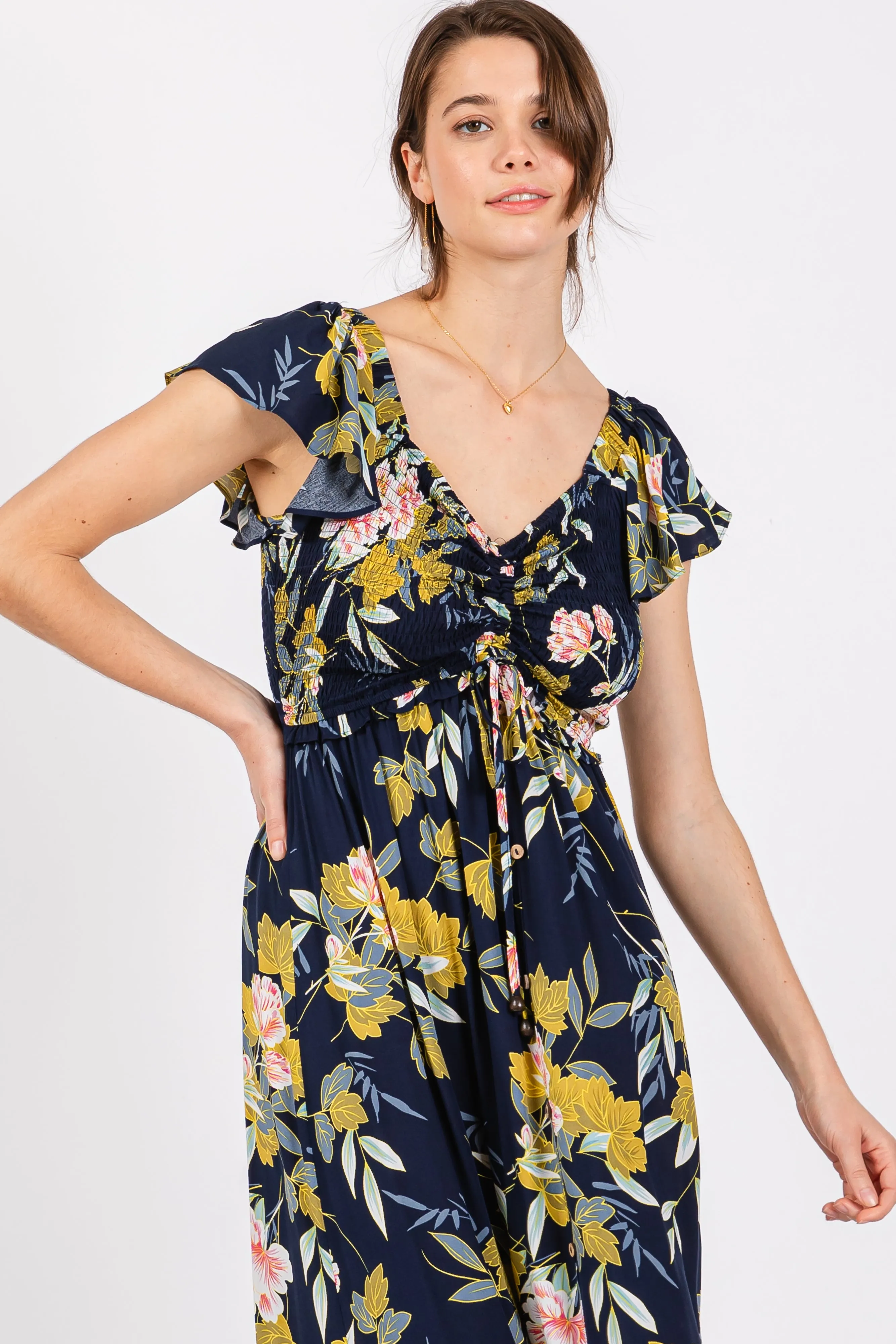 Navy Floral Smocked Cinched Top Maxi Dress sold by Pinkblush product image thumbnail 4