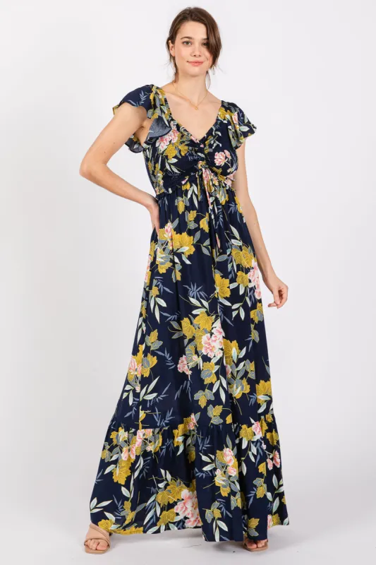 Navy Floral Smocked Cinched Top Maxi Dress sold by Pinkblush
