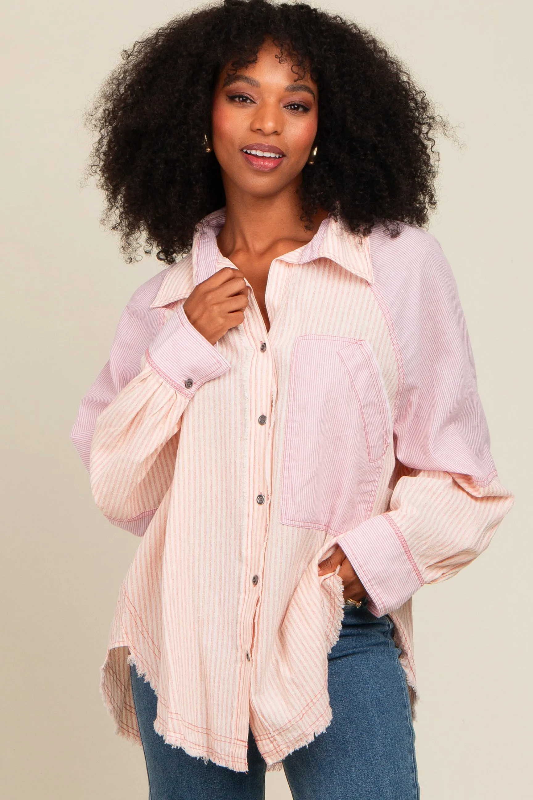 Mauve Striped Button Down Oversized Long Sleeve Top sold by Pinkblush product image thumbnail 2