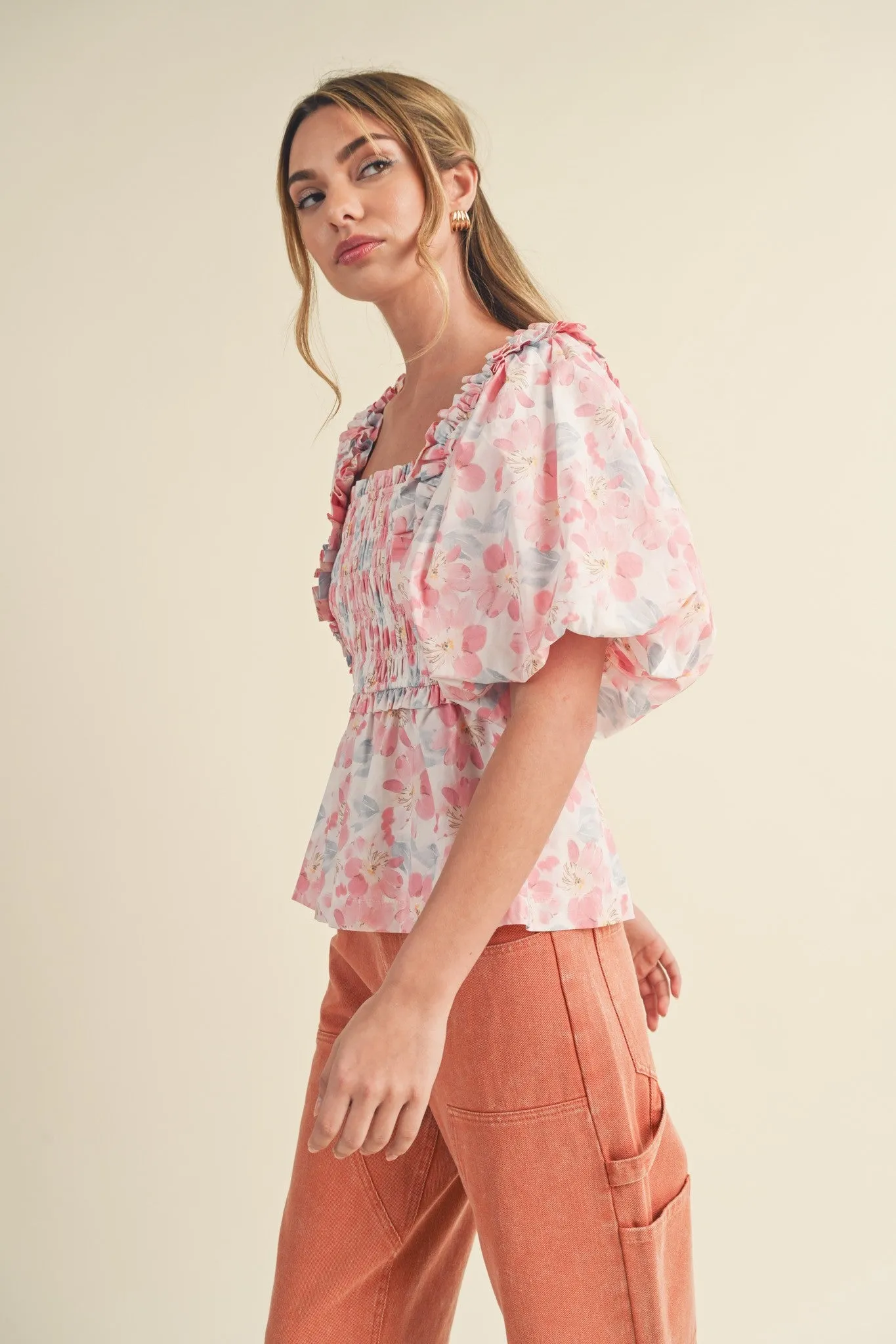 Pink Multi Floral Ruffle Trim Smocked Puff Sleeve Top sold by Pinkblush product image thumbnail 2