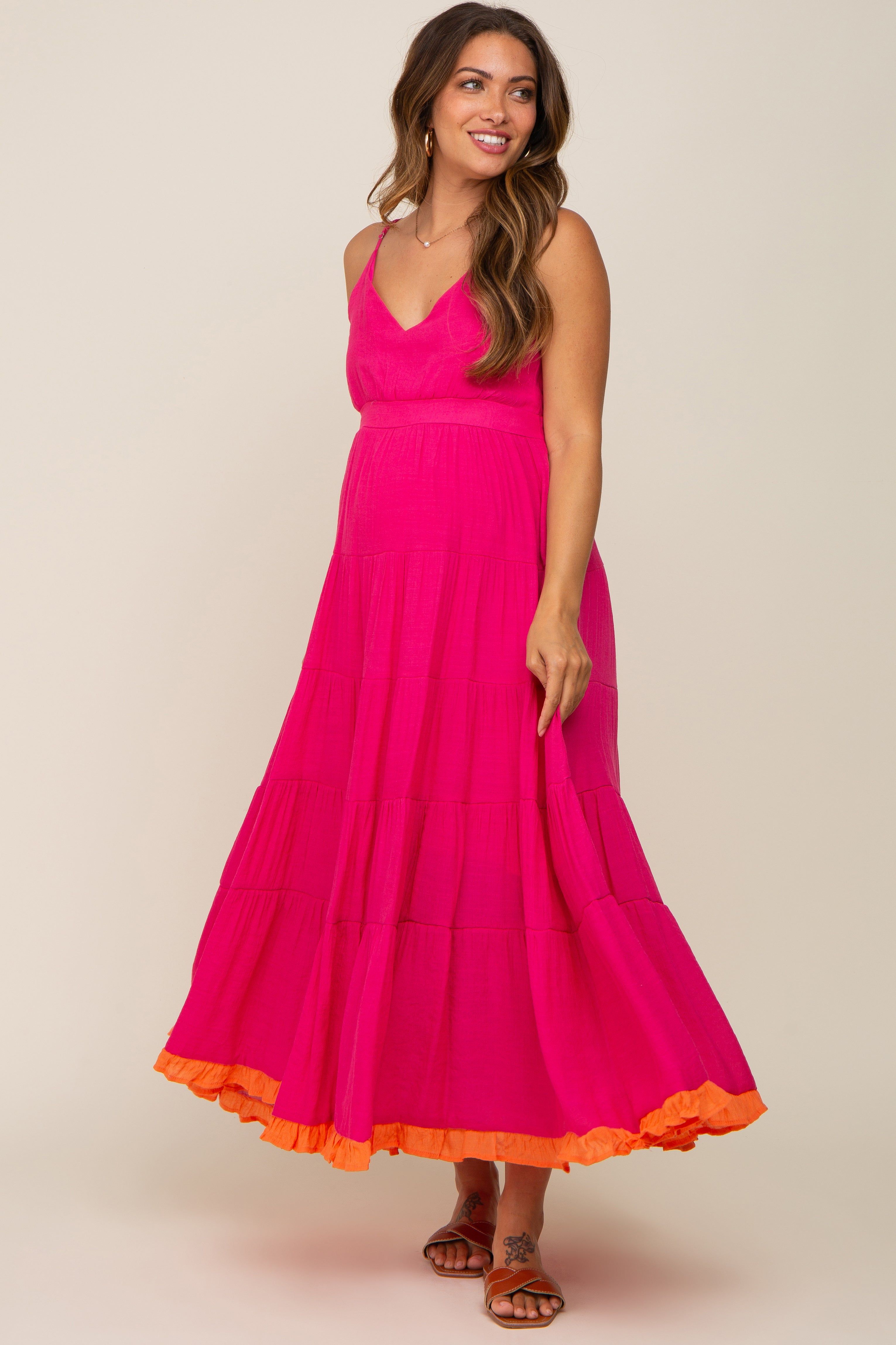 Fuchsia V-Neck Colorblocked Tiered Maternity Maxi Dress sold by Pinkblush product image thumbnail 4