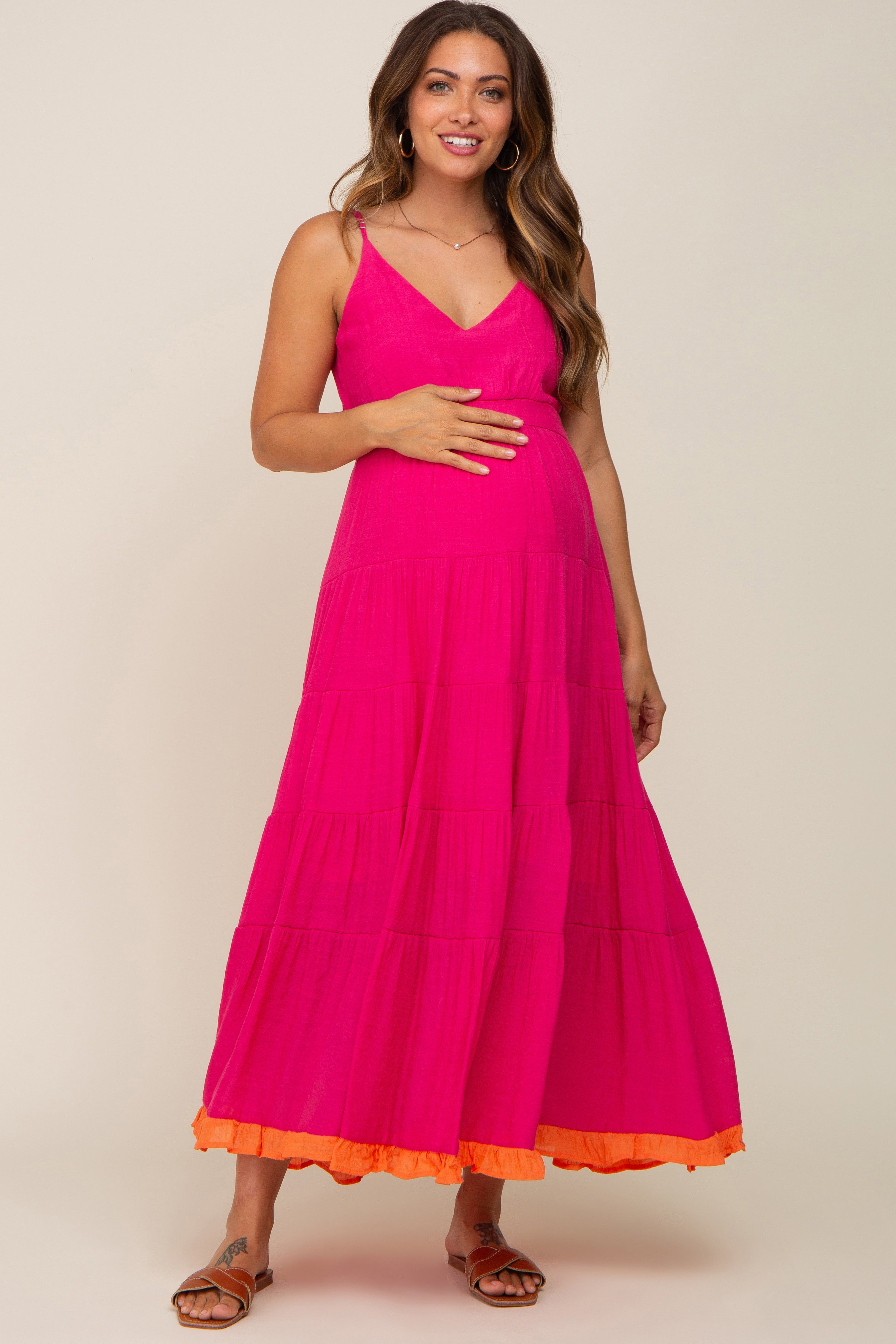 Fuchsia V-Neck Colorblocked Tiered Maternity Maxi Dress sold by Pinkblush