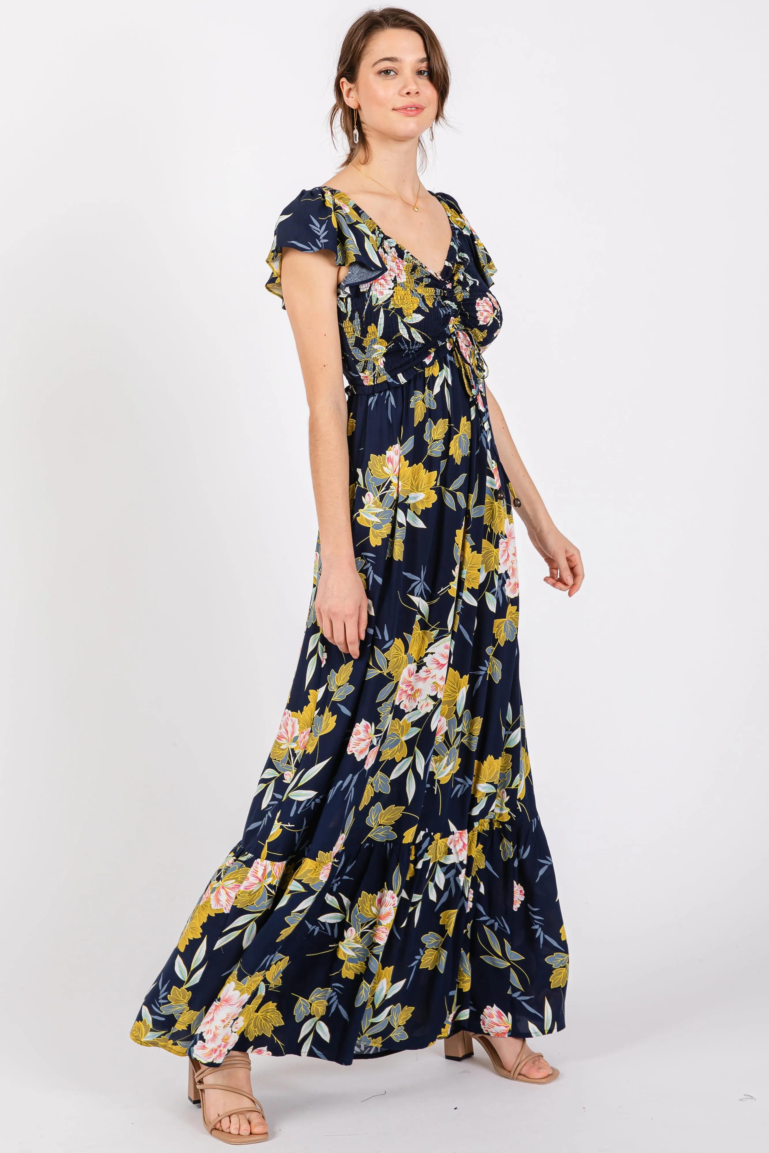 Navy Floral Smocked Cinched Top Maxi Dress sold by Pinkblush product image thumbnail 2