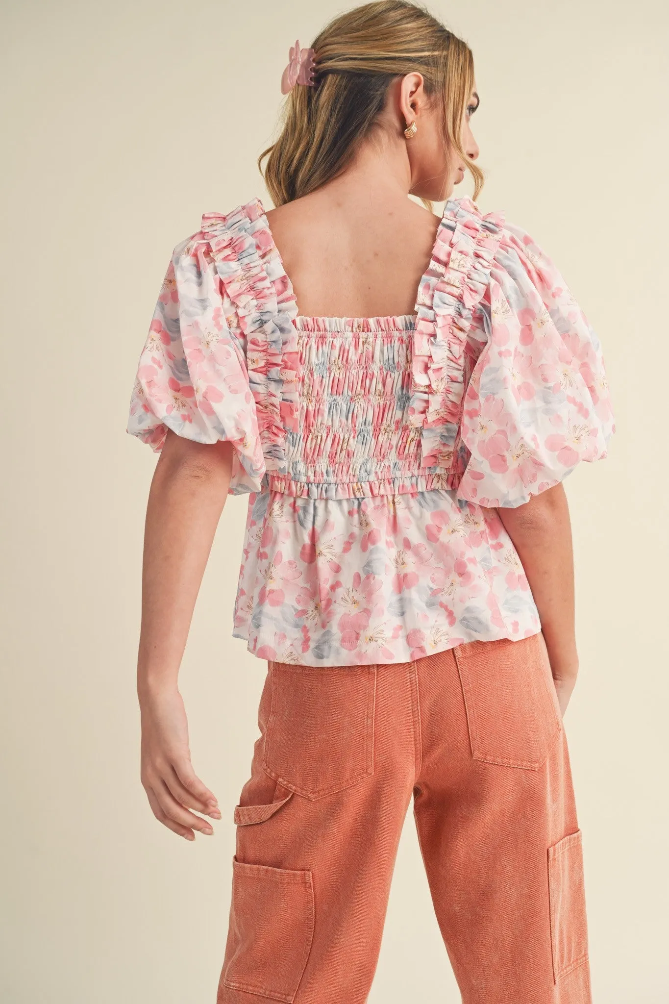 Pink Multi Floral Ruffle Trim Smocked Puff Sleeve Top sold by Pinkblush product image thumbnail 3