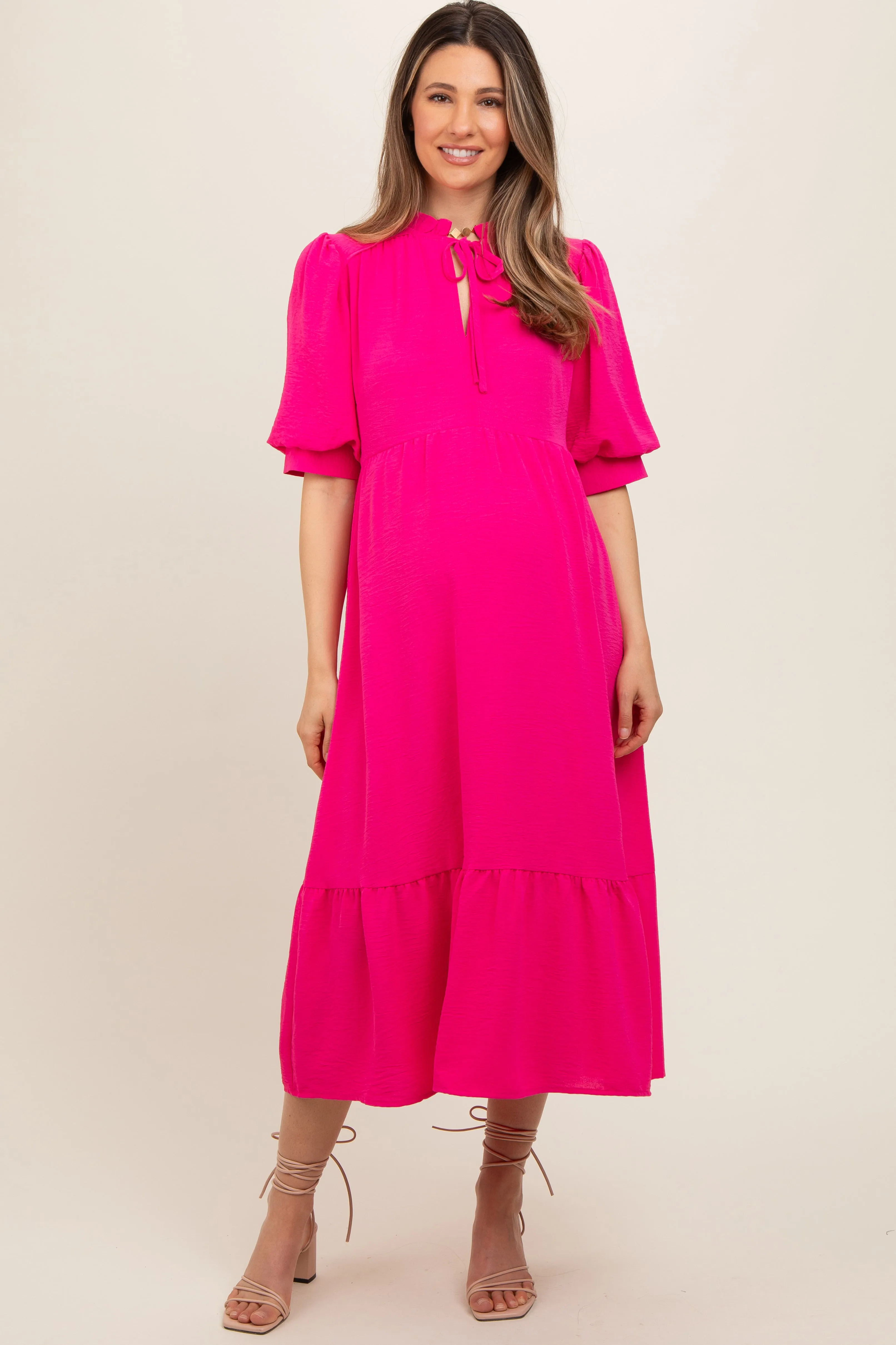 Fuchsia Balloon Sleeve Split Neck Maternity Midi Dress sold by Pinkblush