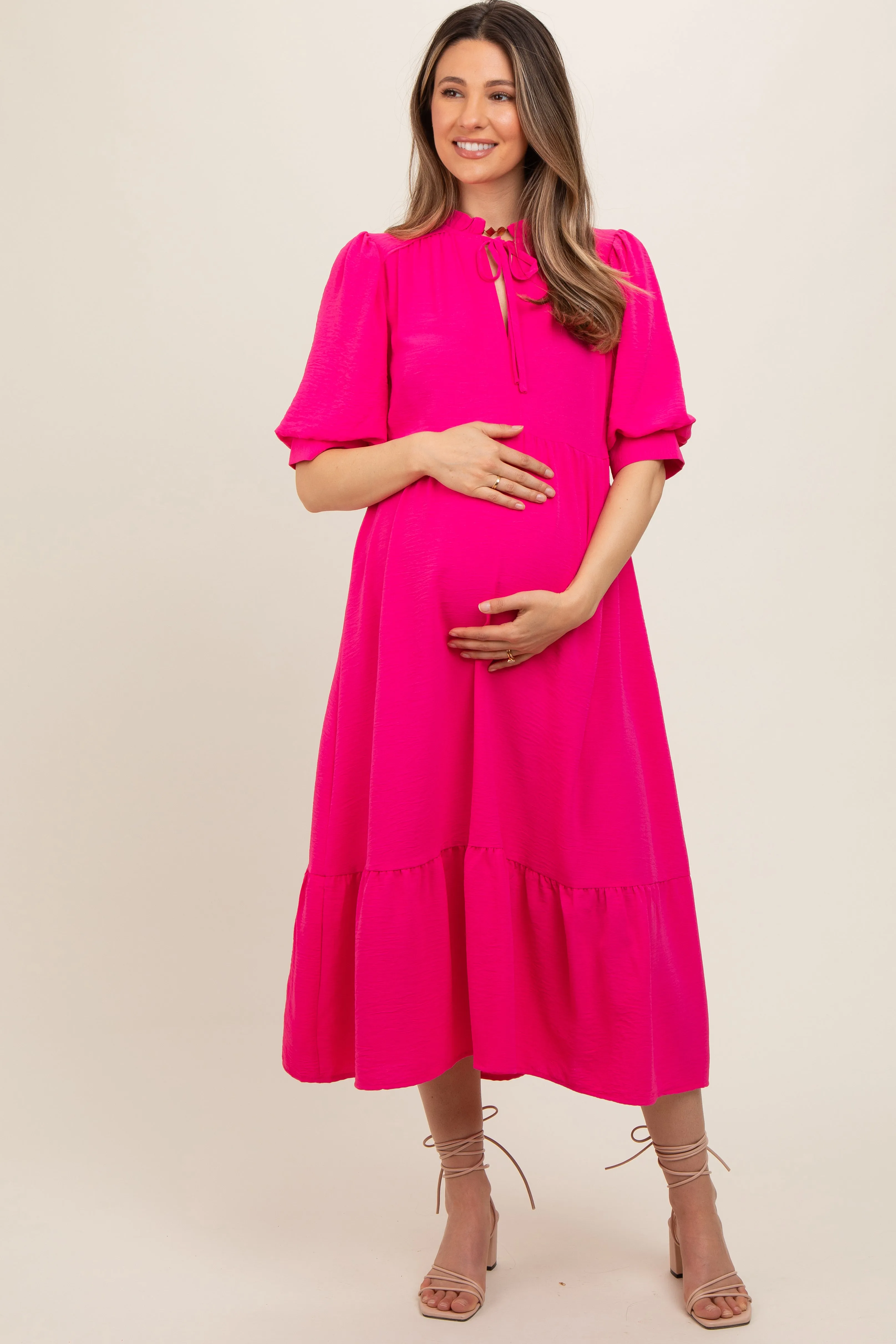 Fuchsia Balloon Sleeve Split Neck Maternity Midi Dress sold by Pinkblush product image thumbnail 2