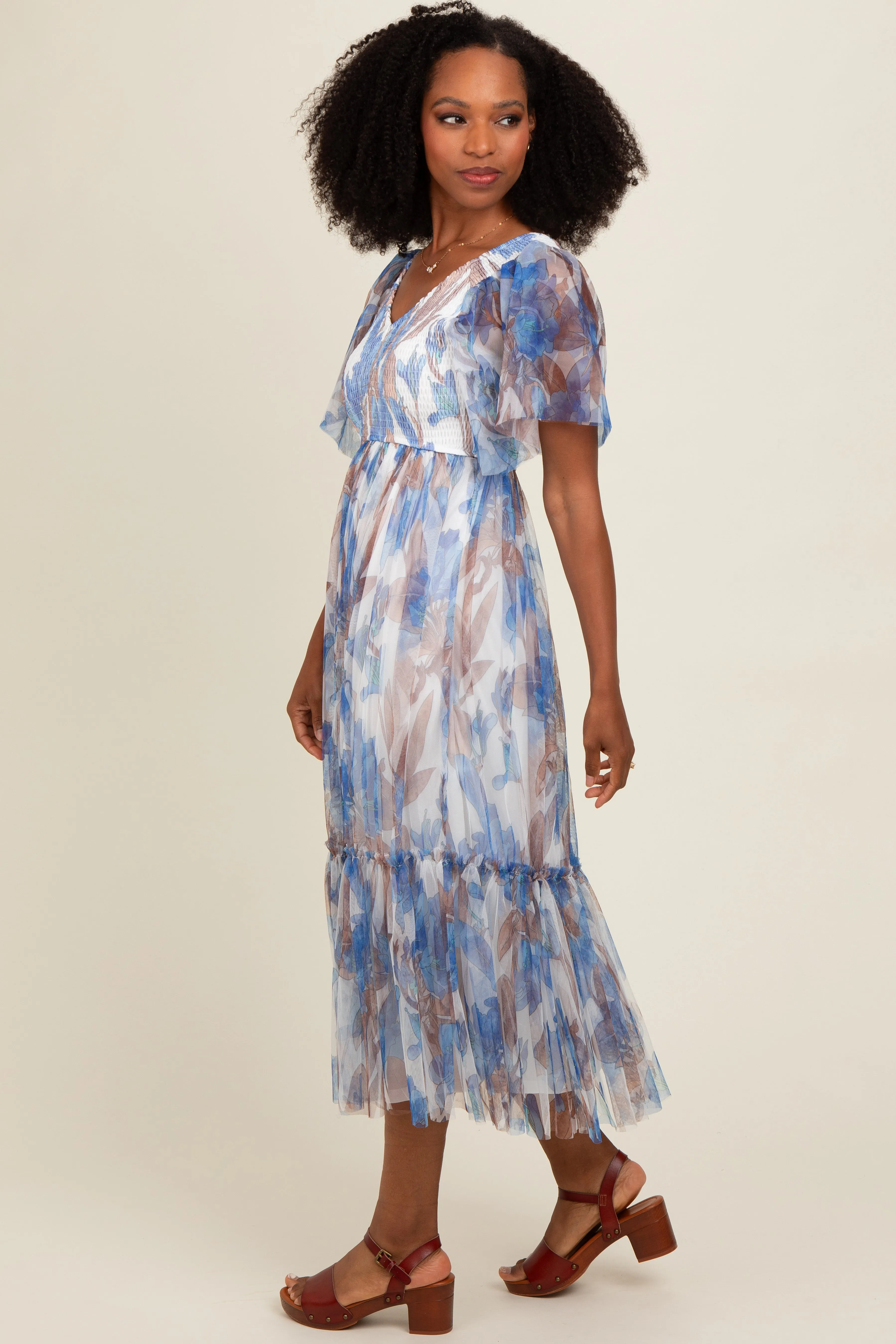 White Leaf Print Mesh Smocked Midi Dress sold by Pinkblush product image thumbnail 3