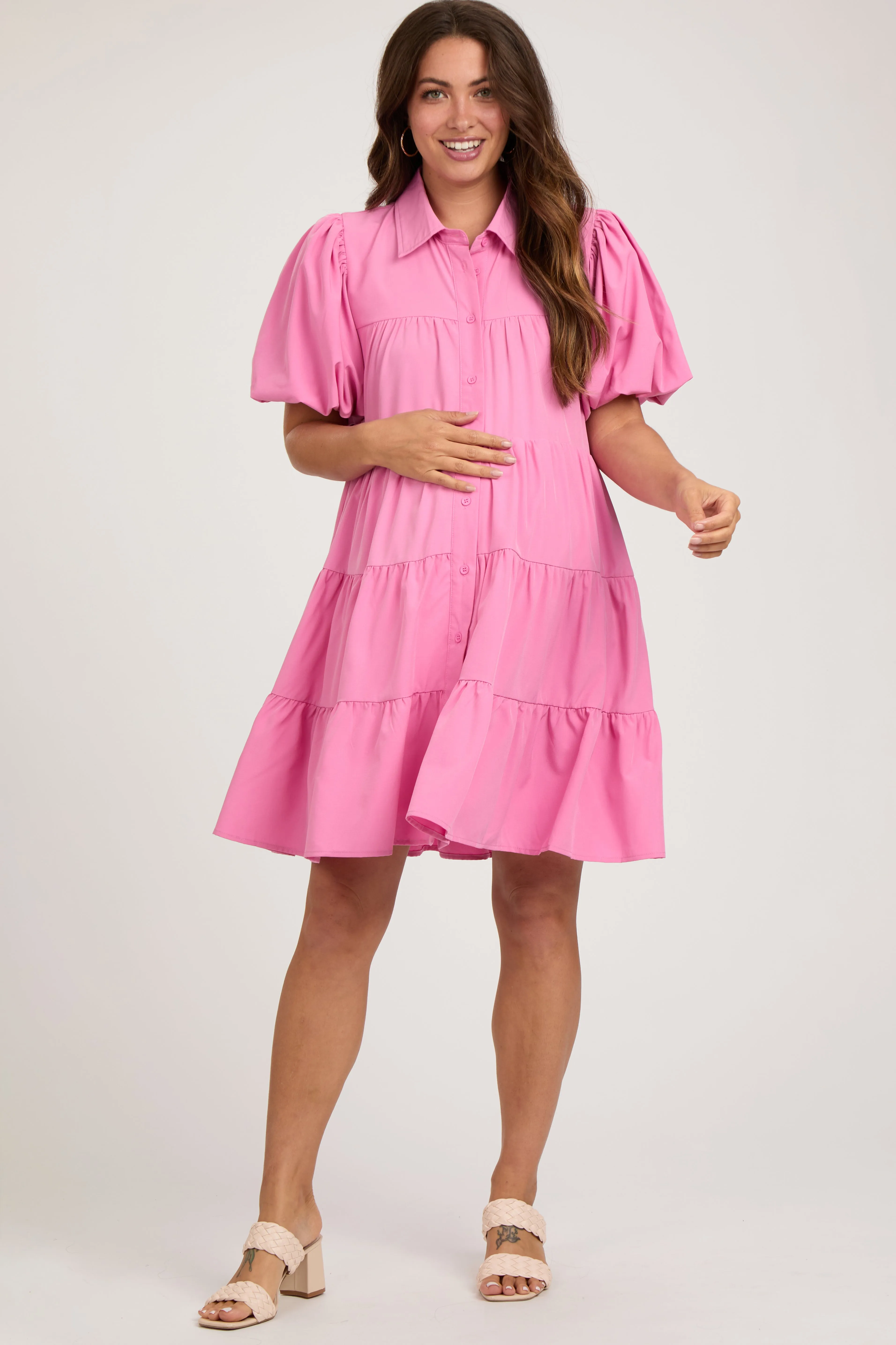 Pink Puff Sleeve Maternity Mini Shirt Dress sold by Pinkblush