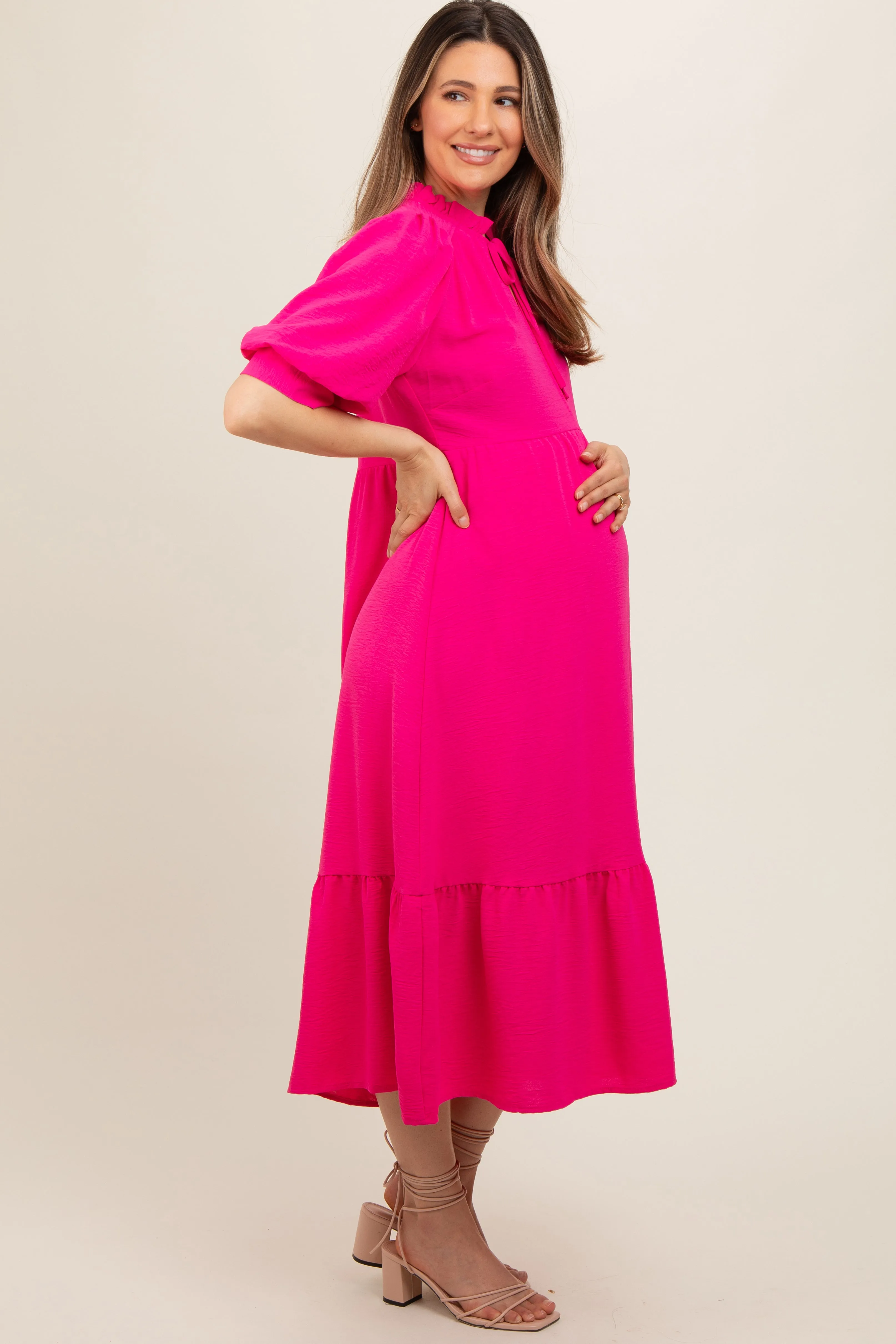 Fuchsia Balloon Sleeve Split Neck Maternity Midi Dress sold by Pinkblush product image thumbnail 3