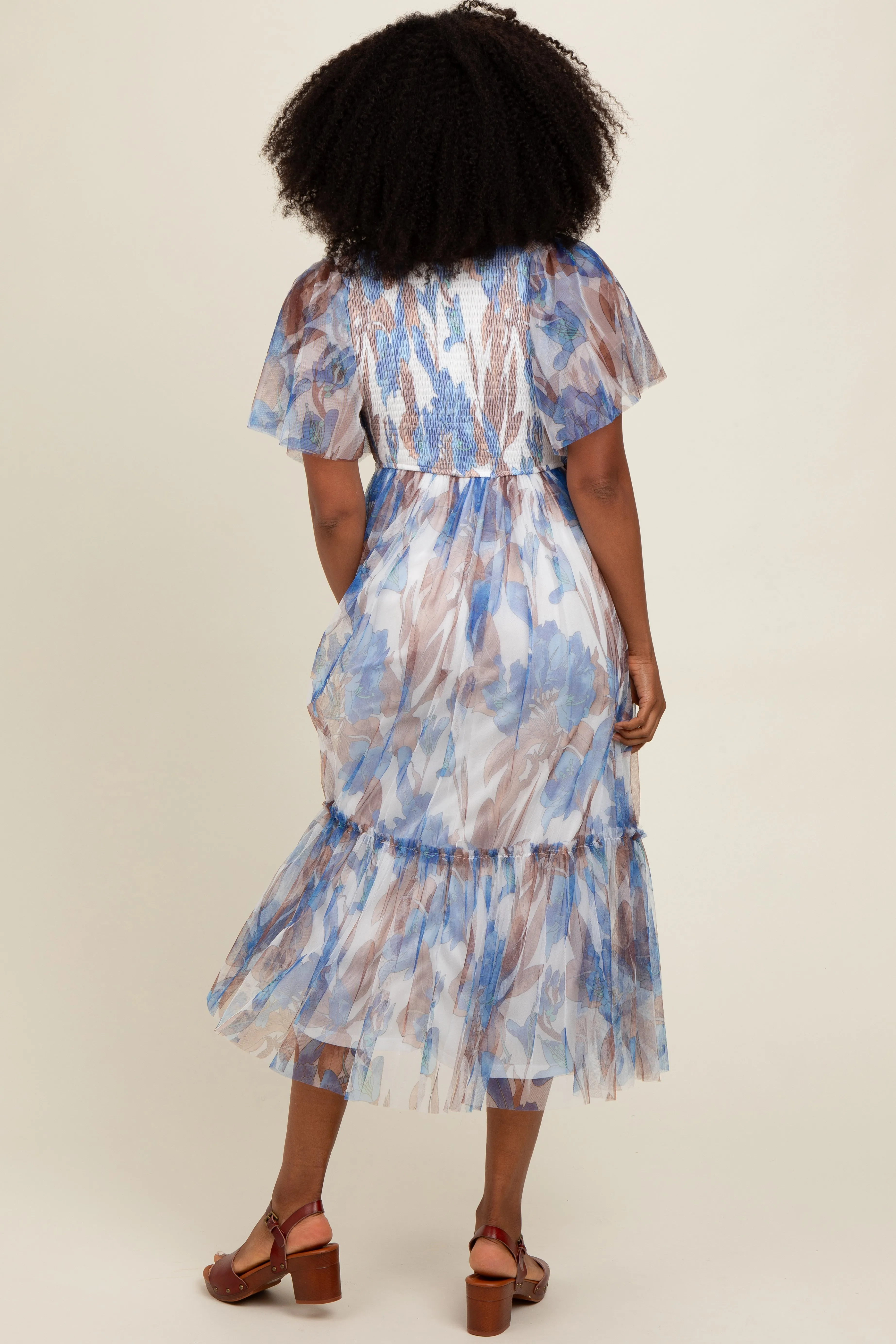 White Leaf Print Mesh Smocked Midi Dress sold by Pinkblush product image thumbnail 4