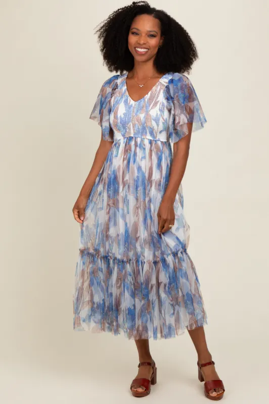 White Leaf Print Mesh Smocked Midi Dress sold by Pinkblush