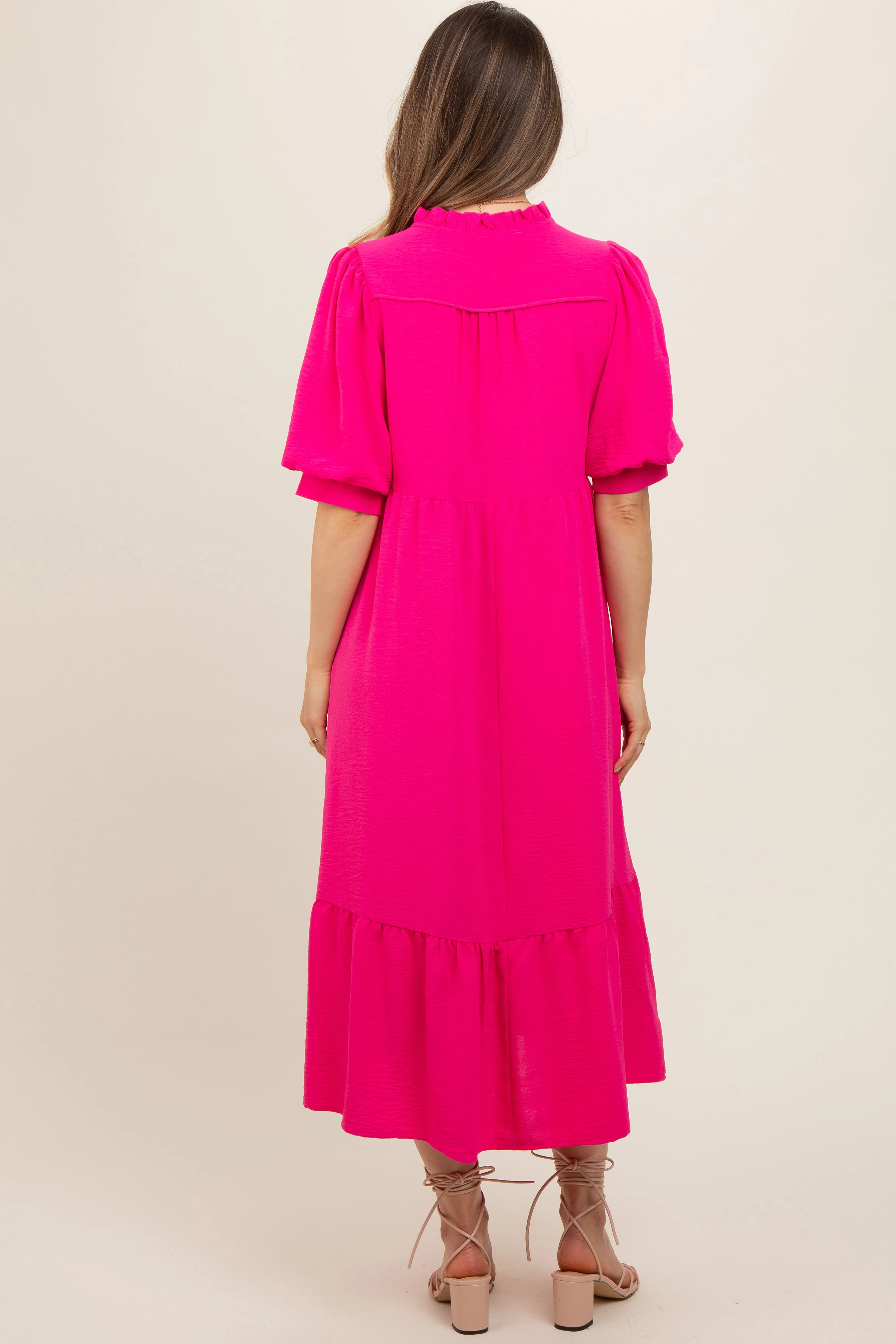 Fuchsia Balloon Sleeve Split Neck Maternity Midi Dress sold by Pinkblush product image thumbnail 4