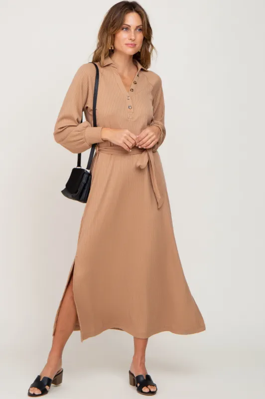 Taupe Button Accent Collared Maxi Dress sold by Pinkblush