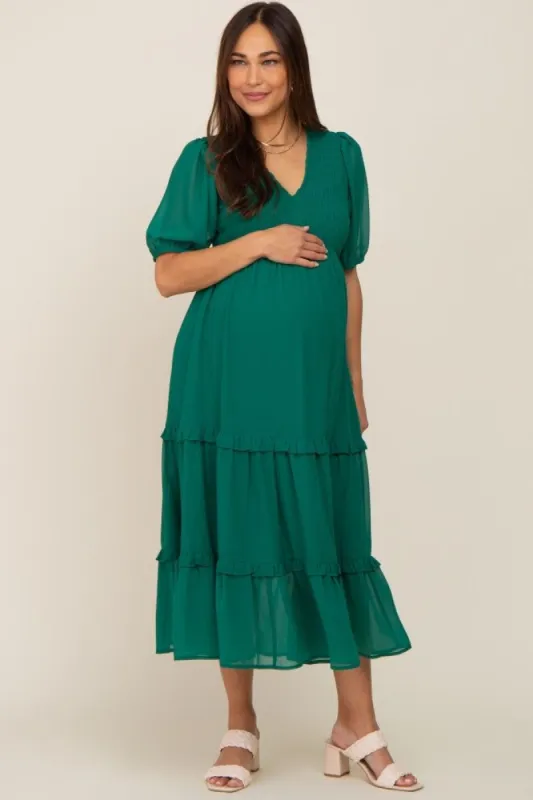 Forest Green Chiffon Smocked V-Neck Ruffle Tiered Maternity Midi Dress sold by Pinkblush