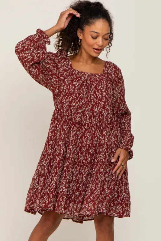 Burgundy Floral Pleated Tiered Dress sold by Pinkblush