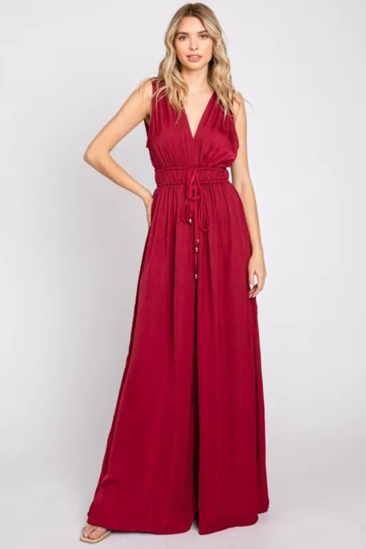 Burgundy Satin V-Neck Side Slit Jumpsuit sold by Pinkblush