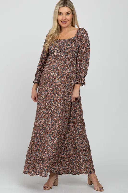 Teal Floral Maternity Maxi Dress sold by Pinkblush