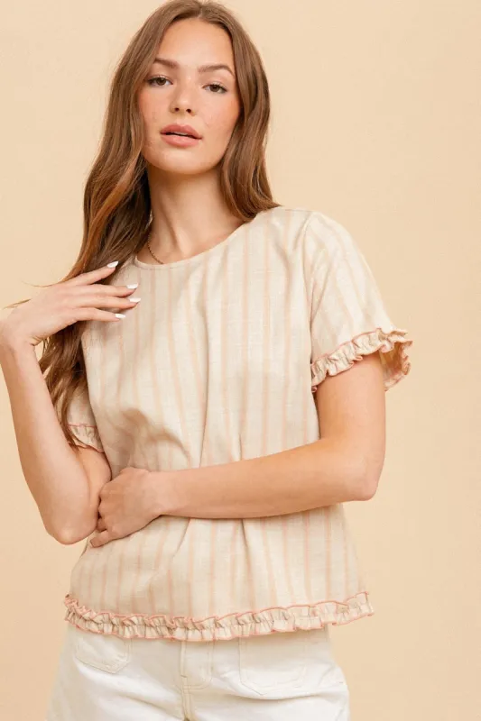 Oatmeal/Peach Mini Ruffle Linen Stripe Woven Top sold by Pinkblush