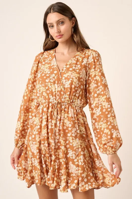 Ginger Flower Print Surplice Godet Detail Mini Dress sold by Pinkblush