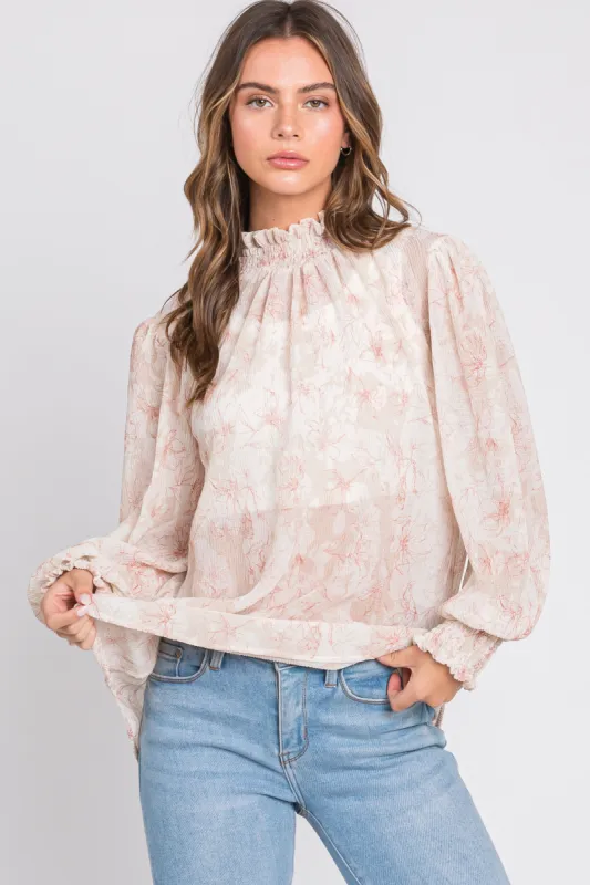 Ivory Floral Plisse Mock Neck Blouse sold by Pinkblush
