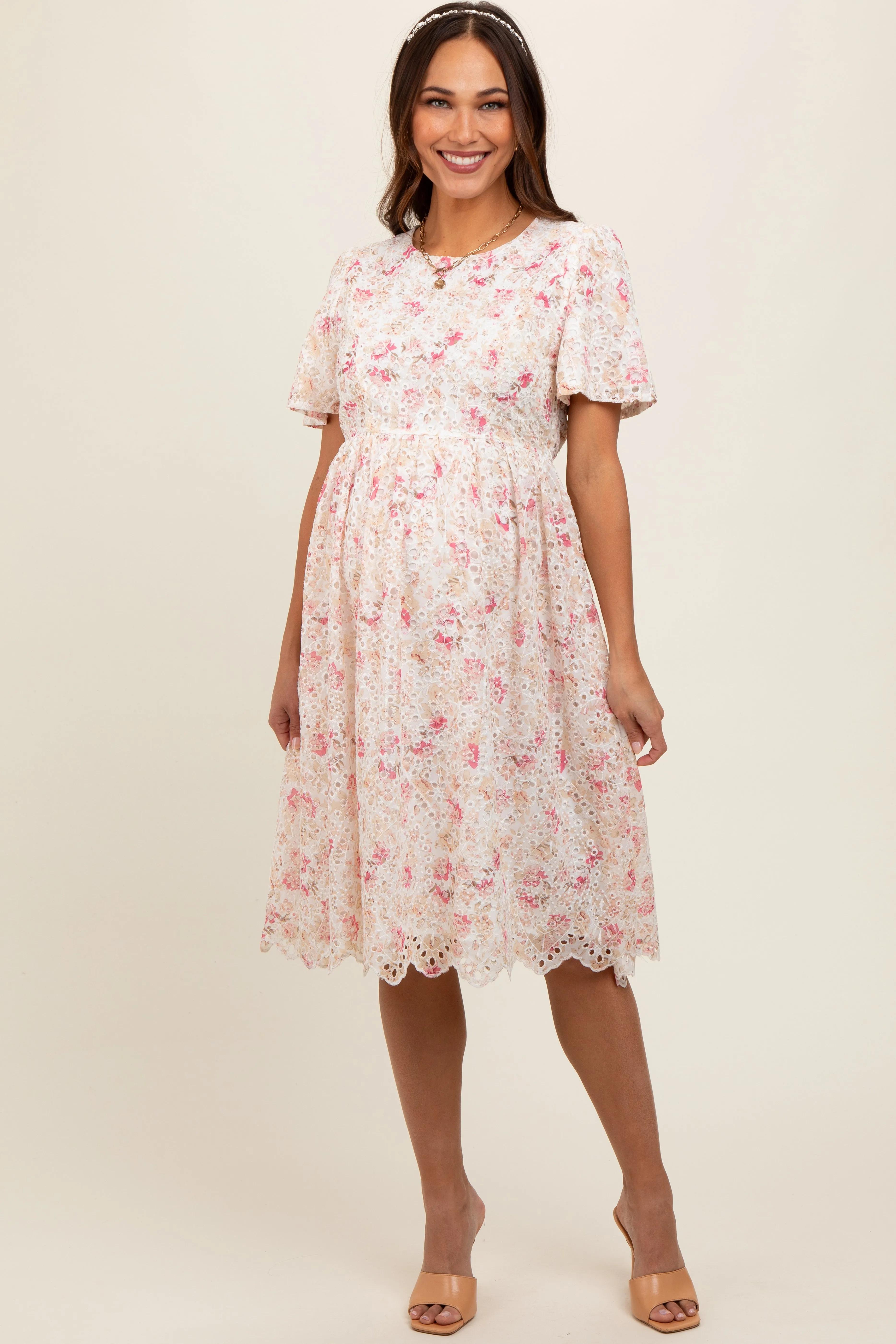 Ivory Floral Embroidered Eyelet Maternity Midi Dress sold by Pinkblush