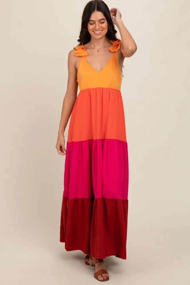 Orange Colorblock Tiered Ruffle Strap Maxi Dress sold by Pinkblush