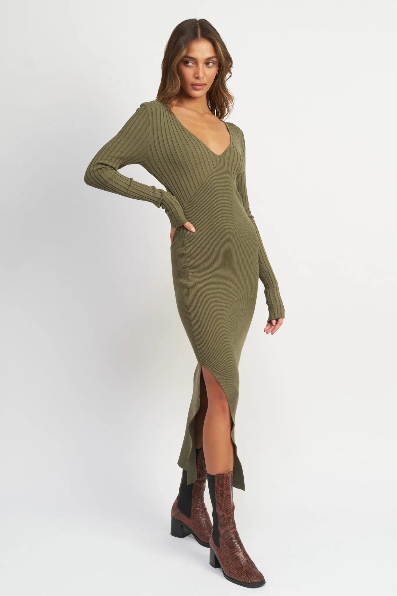 Olive Ribbed Fitted Long Sleeve Maxi Dress sold by Pinkblush product image thumbnail 2