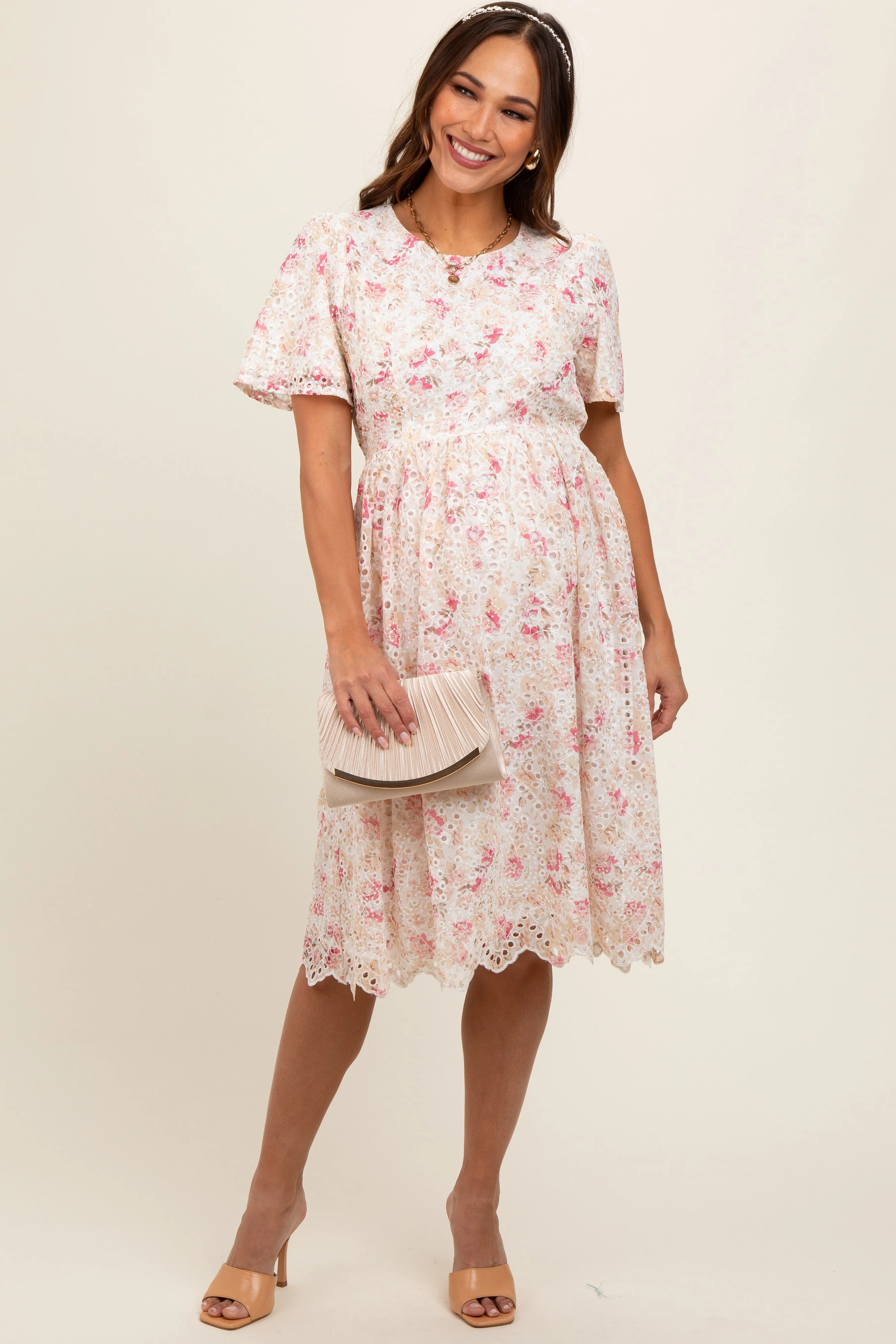 Ivory Floral Embroidered Eyelet Maternity Midi Dress sold by Pinkblush product image thumbnail 2